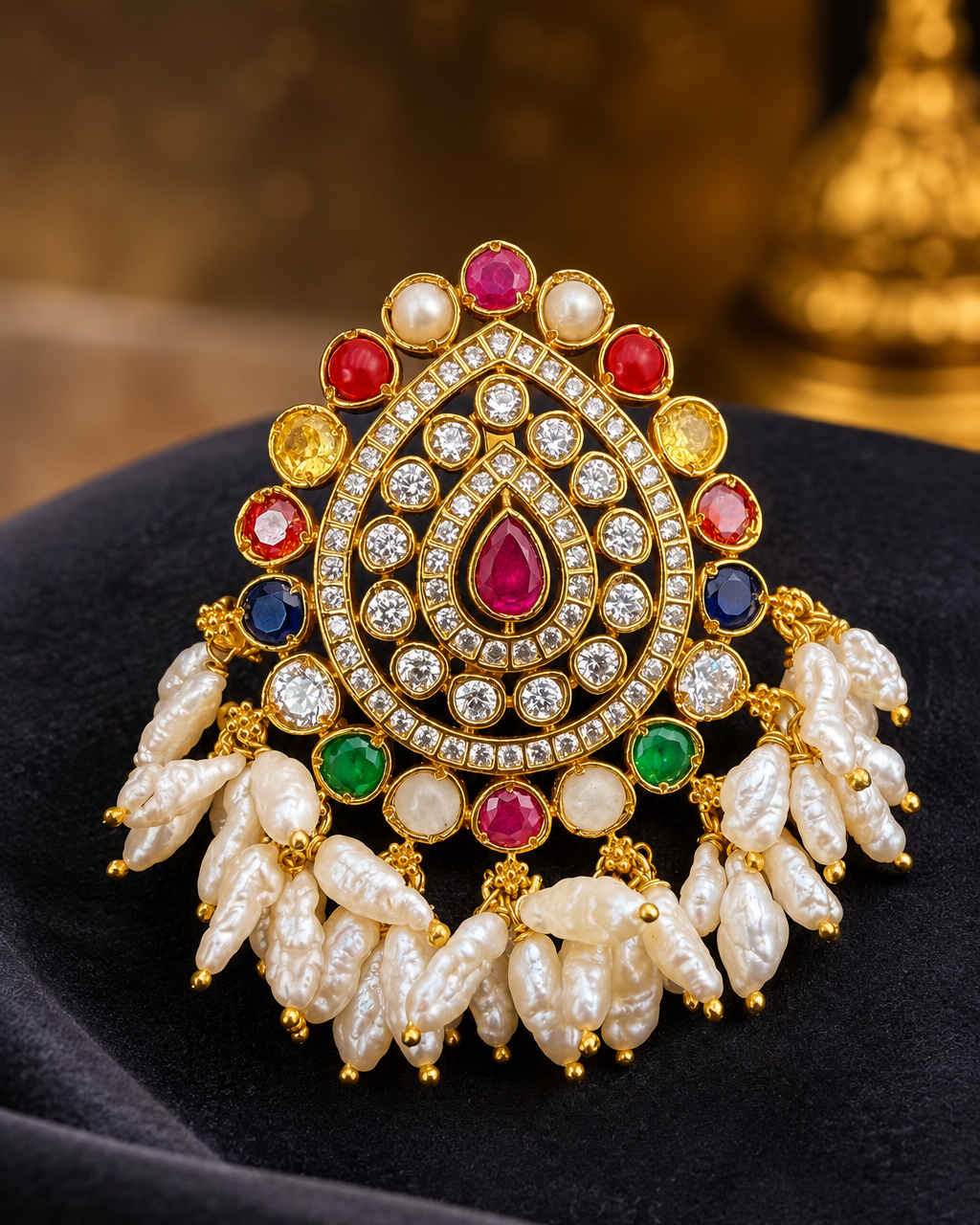 Navratna 92.5 Silver Pendant with rice pearls