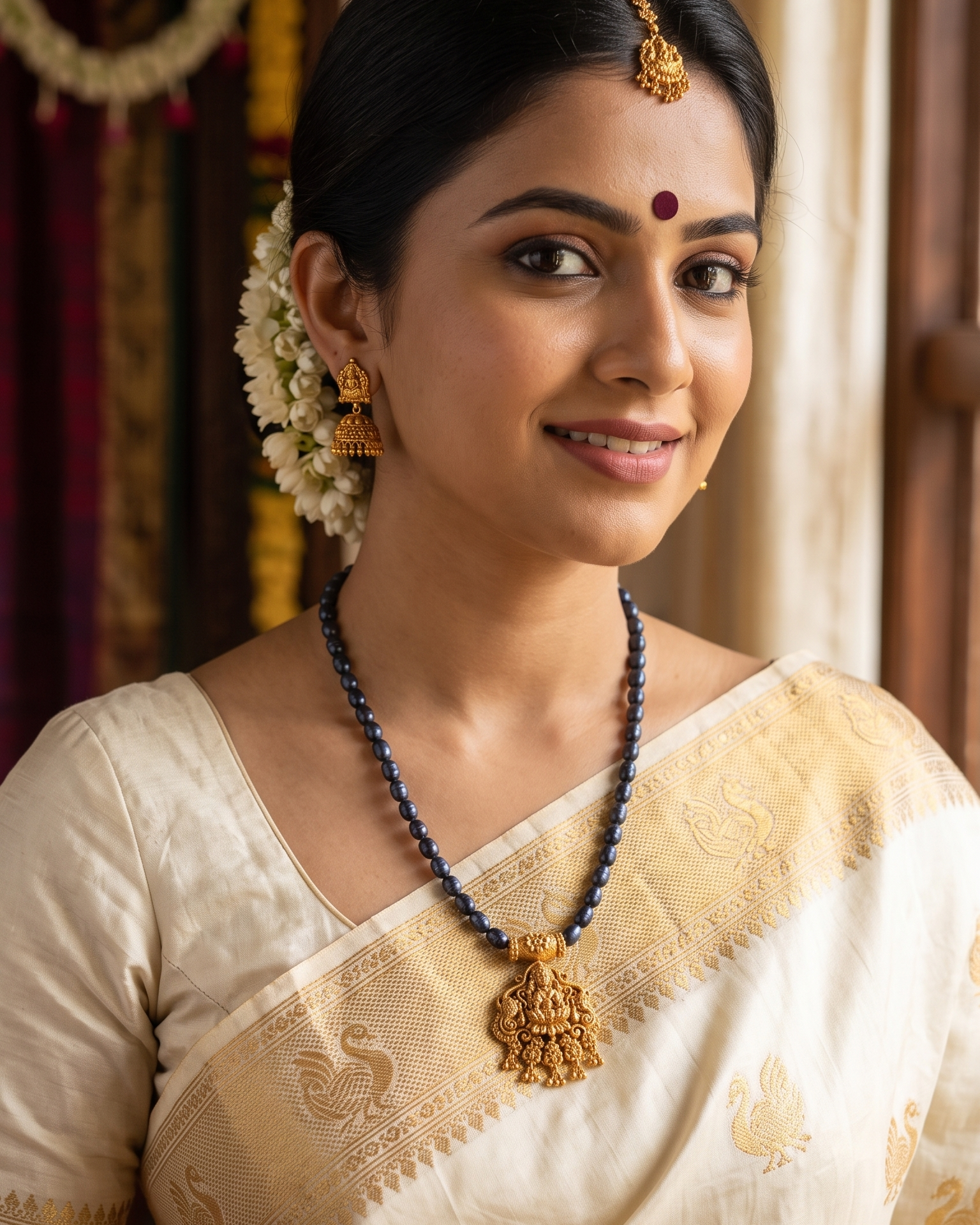 Varalakshmi Vratham Special Freshwater Blue Pearls Necklace with Gajalakshmi Silver Locket | 16 Inches