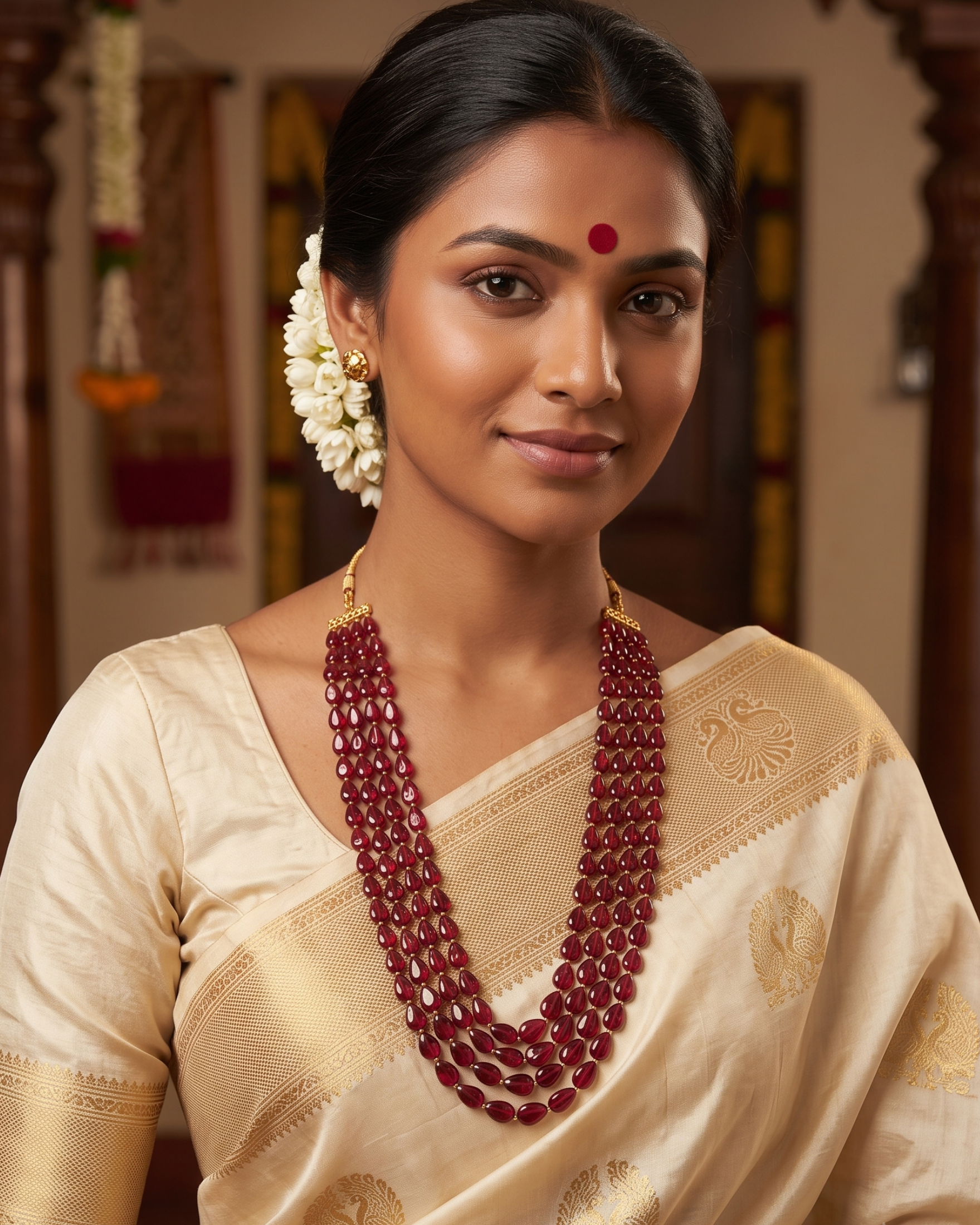 Natural Badam Rubies Necklace with 2.5 mm Swarovski Pearls | 24-Inch Premium Handmade
