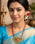 Natural Gomedhikam Beads Necklace with One Gram Gold Ammavari Locket| 16-Inch