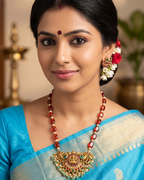 Natural Gomedhikam Beads Necklace with One Gram Gold Ammavari Locket| 16-Inch