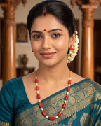 Premium Chetan Corals with Freshwater Pearls & Golden Messy Kattu Teega | 18-Inch Handmade Necklace