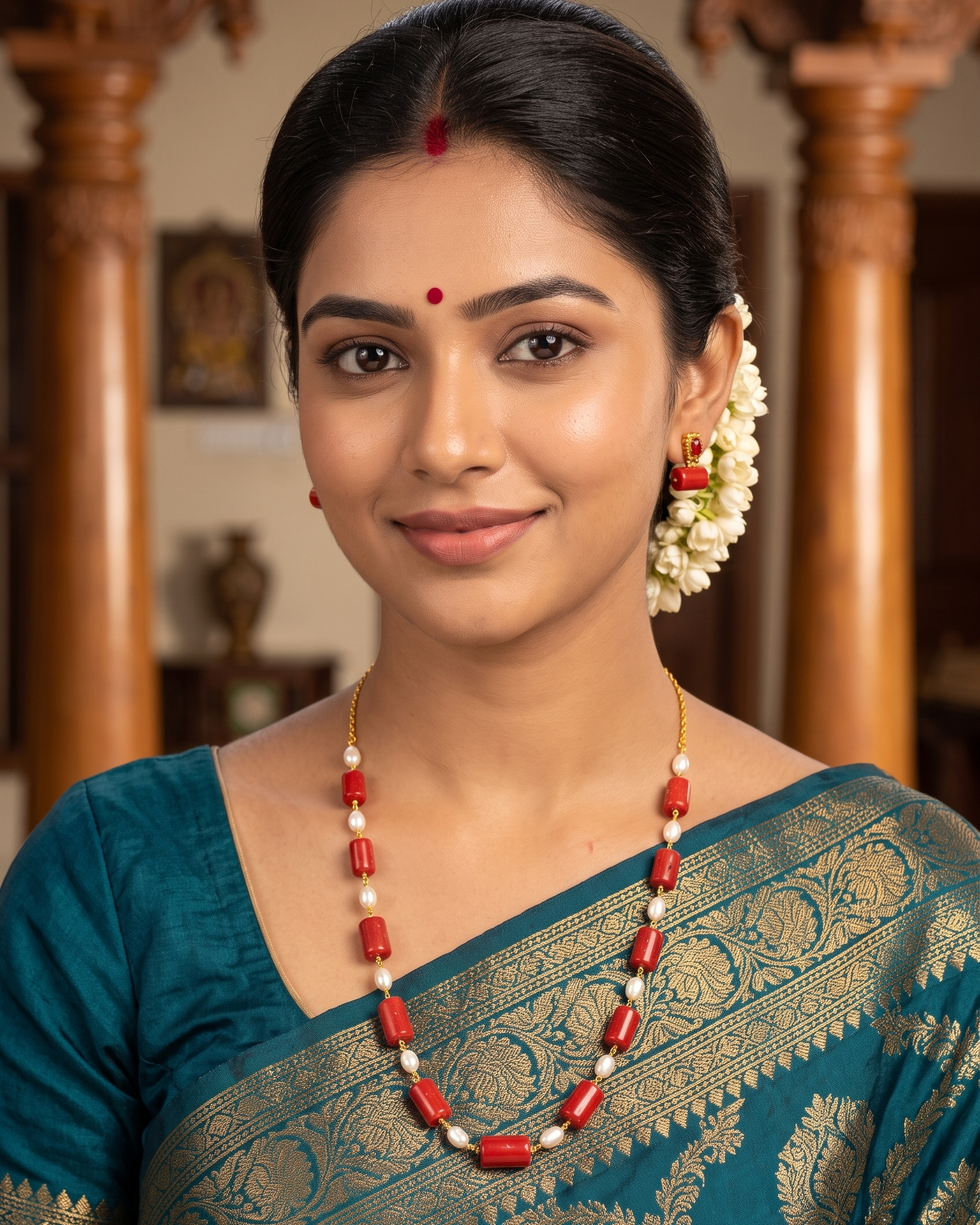 Premium Chetan Corals with Freshwater Pearls & Golden Messy Kattu Teega | 18-Inch Handmade Necklace