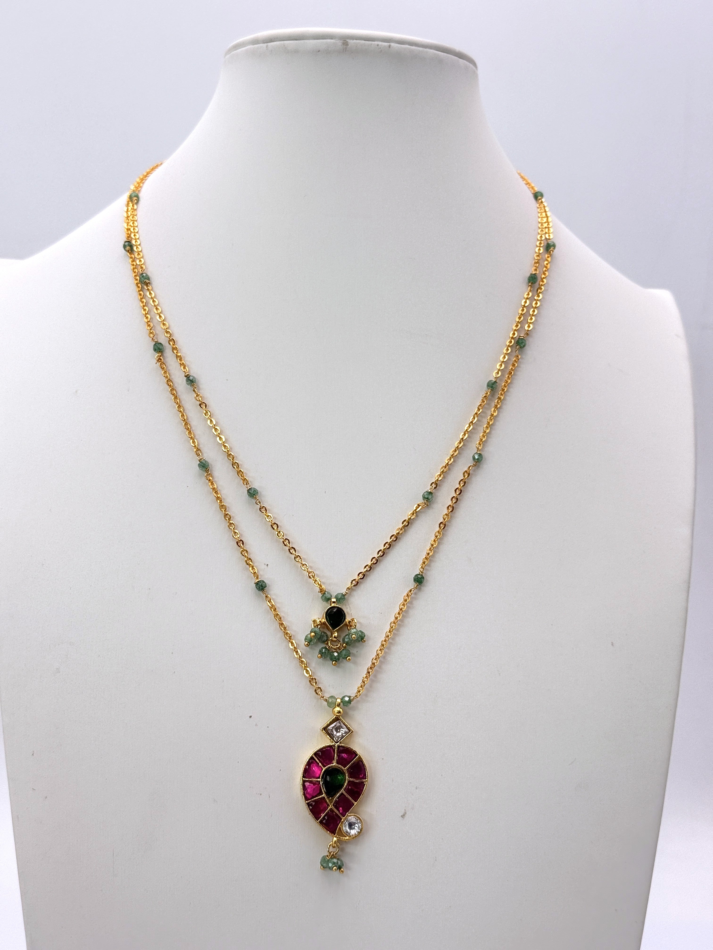 Real Jadau CZ Pendant Necklace with Premium Chandraharam Chain