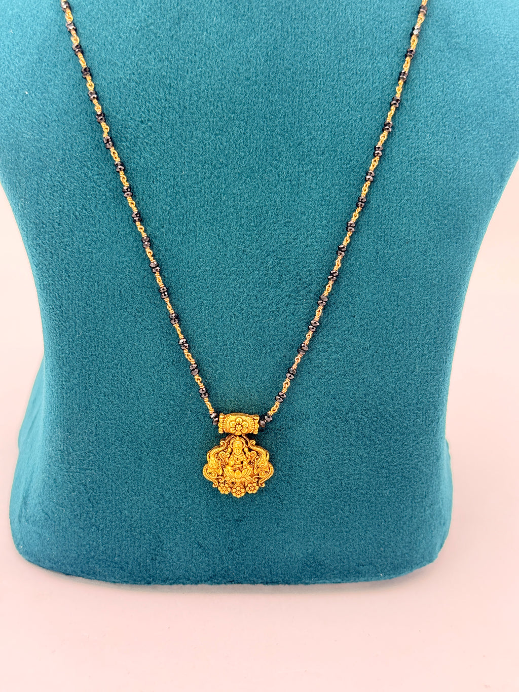 92.5 Sterling Silver Black Beads Chain with Lakshmi Pendant