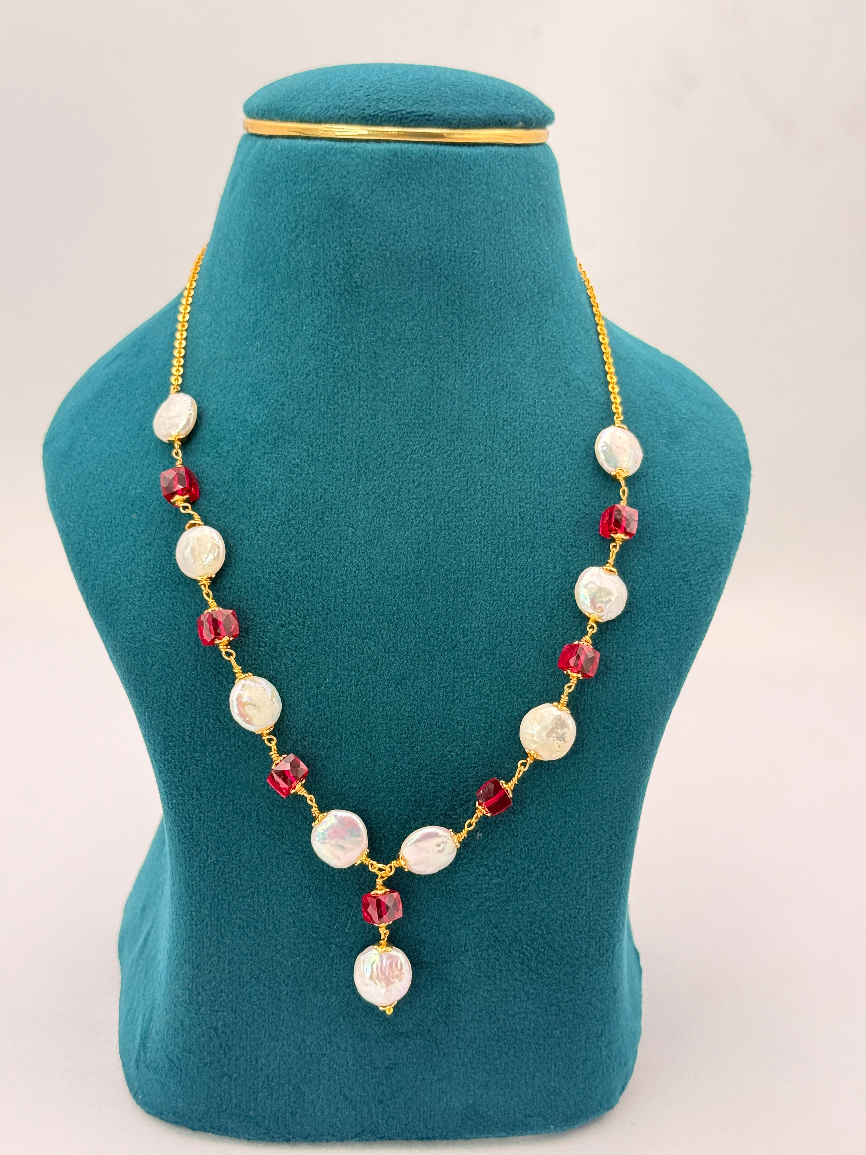 Premium Precious Ruby & Freshwater Coin Pearl Kattu Teega Necklace