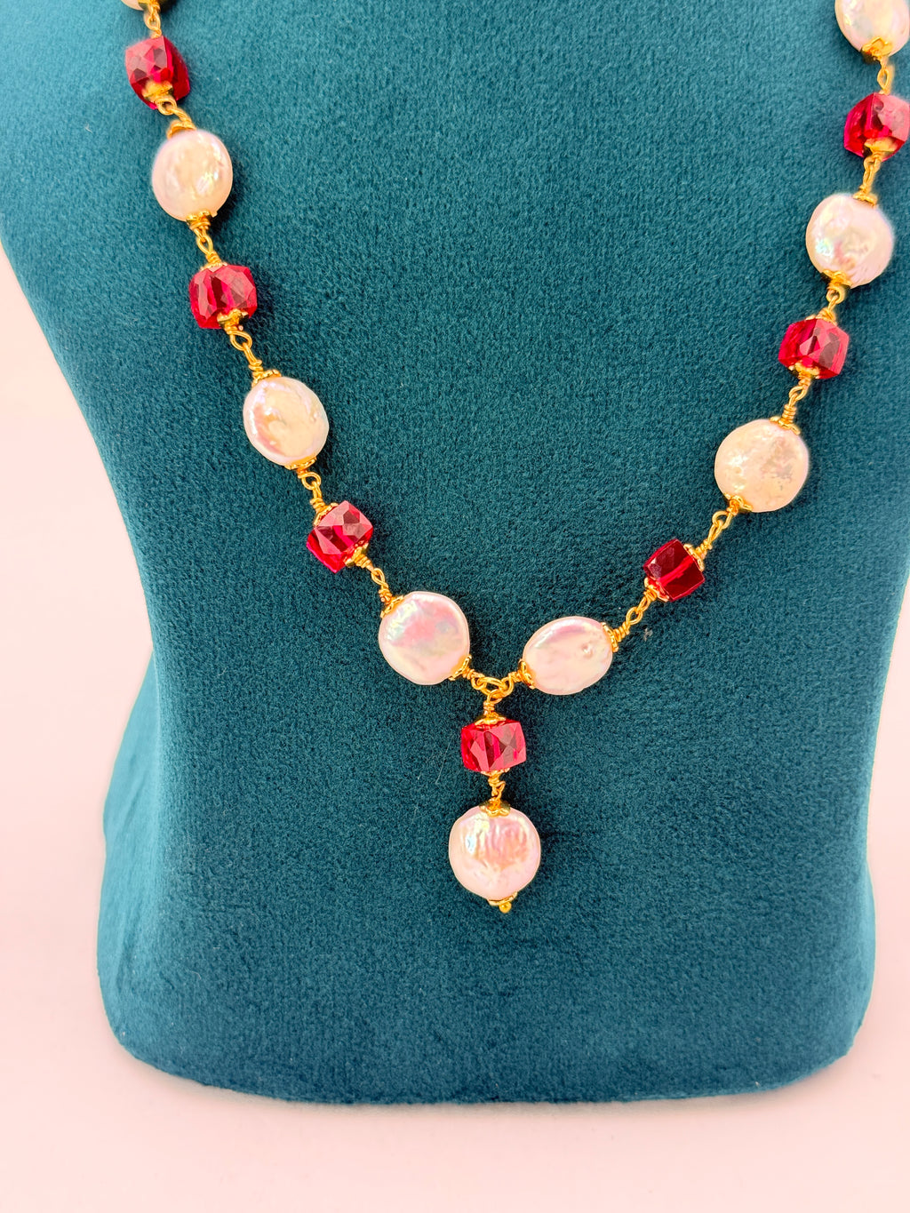 Premium Precious Ruby & Freshwater Coin Pearl Kattu Teega Necklace