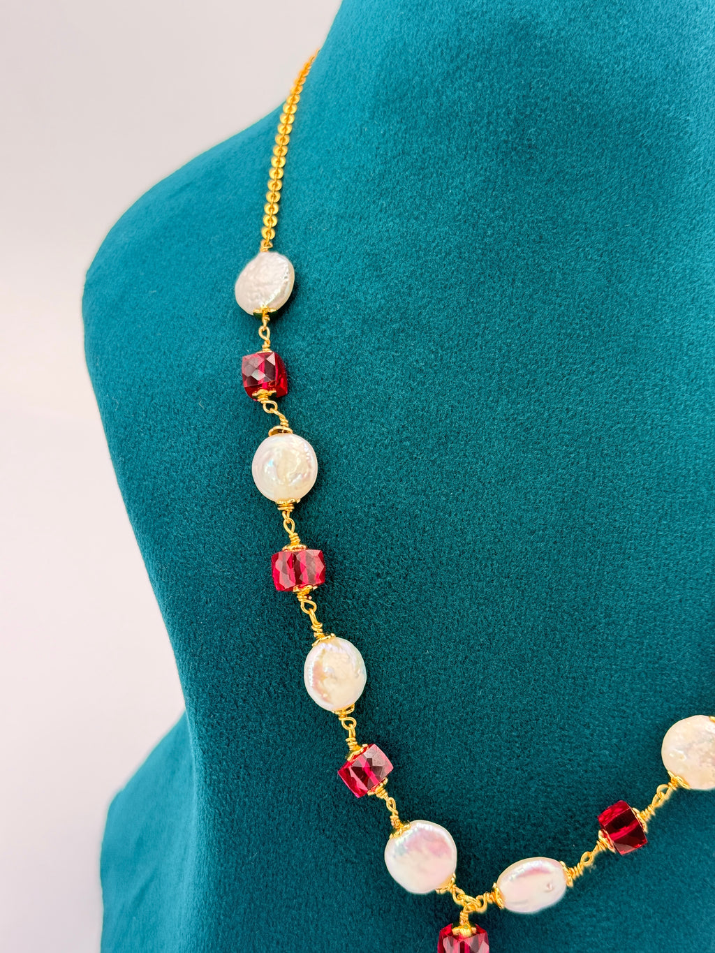 Premium Precious Ruby & Freshwater Coin Pearl Kattu Teega Necklace