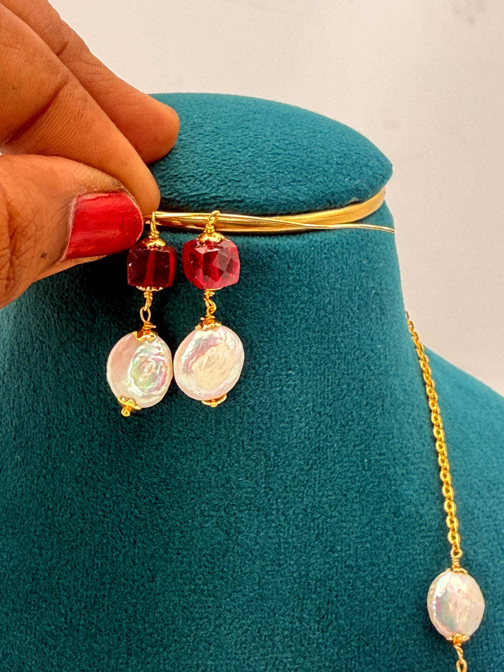 Premium Precious Ruby & Freshwater Coin Pearl Kattu Teega Necklace