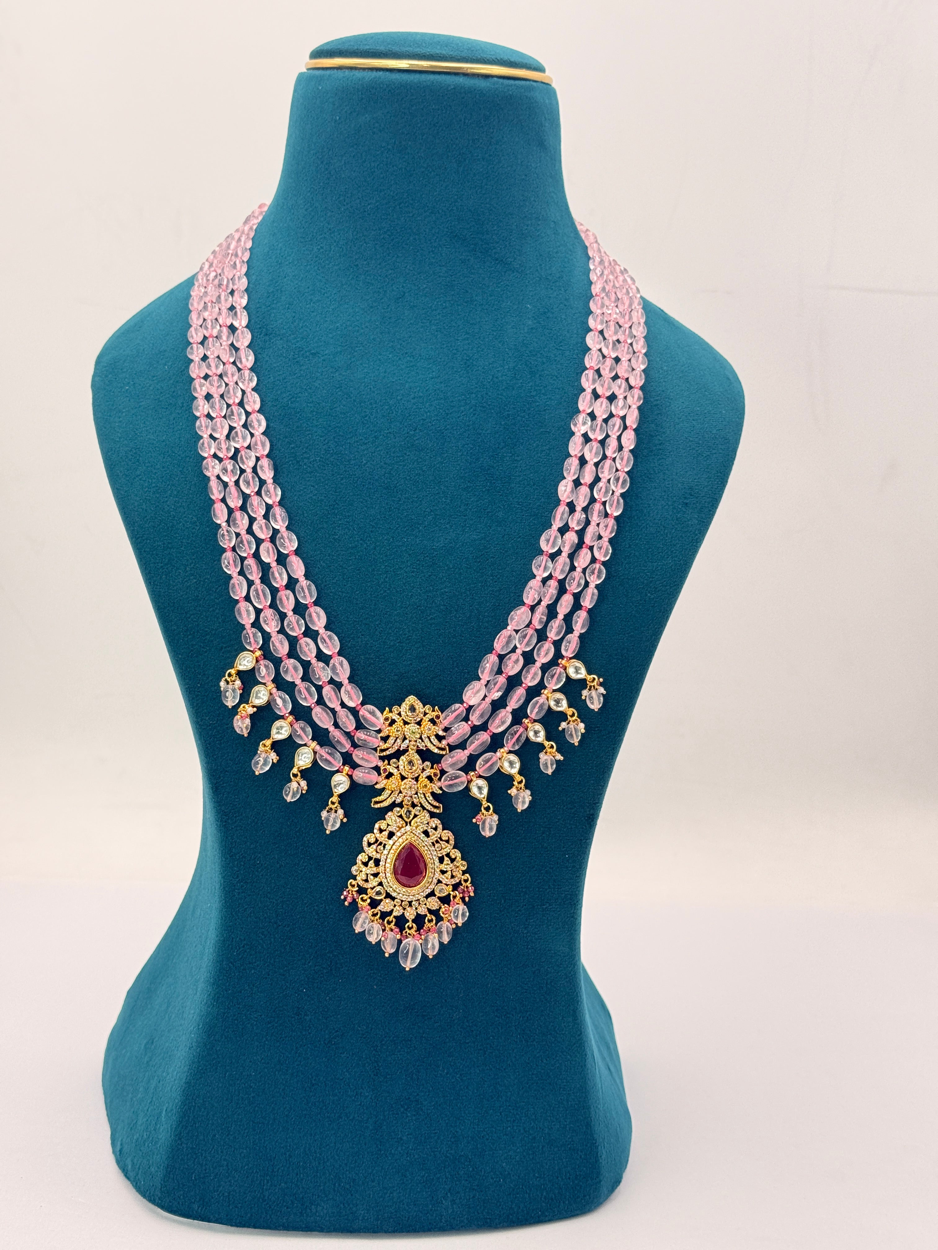 Precious Rose Quartz Beads Necklace with 1 Gram Gold Locket | 24 Inch
