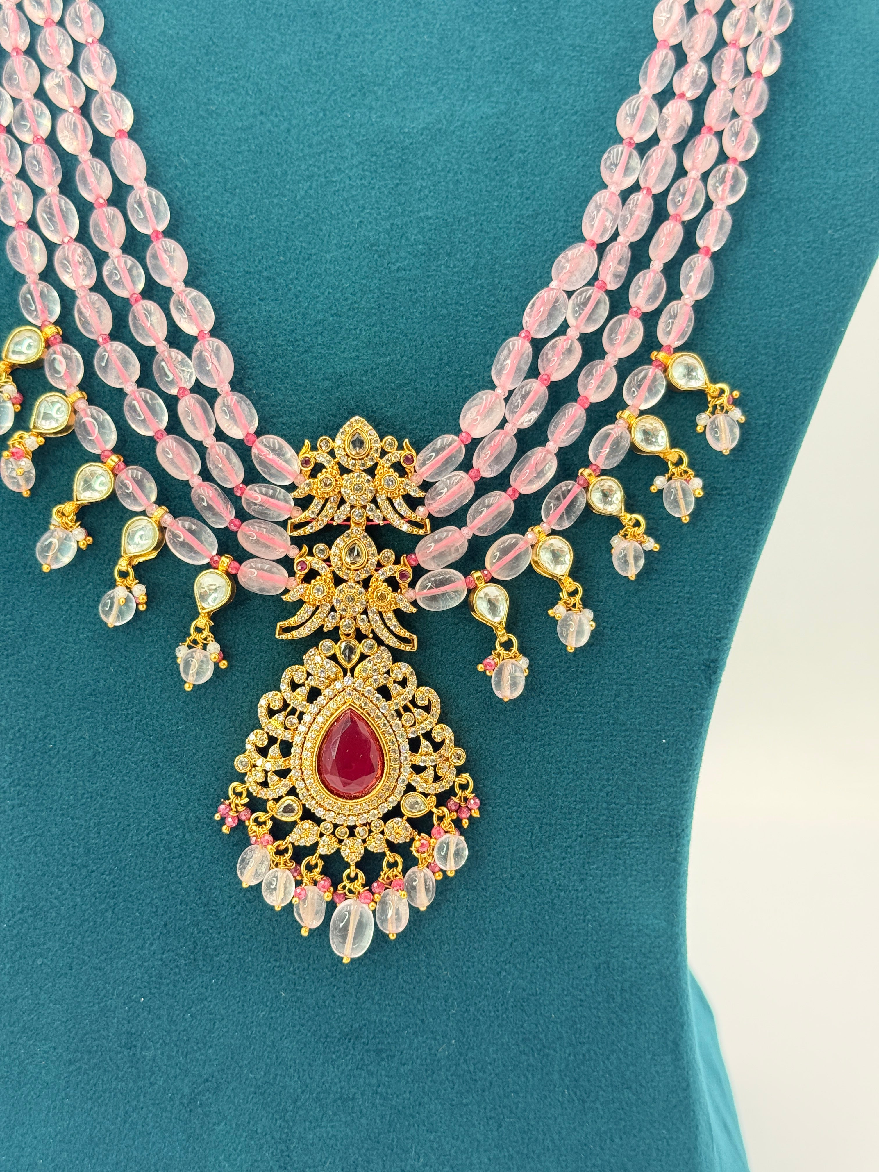 Precious Rose Quartz Beads Necklace with 1 Gram Gold Locket | 24 Inch