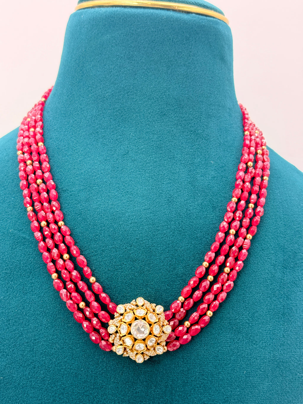 Cut Ruby & Golden Swarovski Pearls Pure Silver Customized Necklace 18 inch