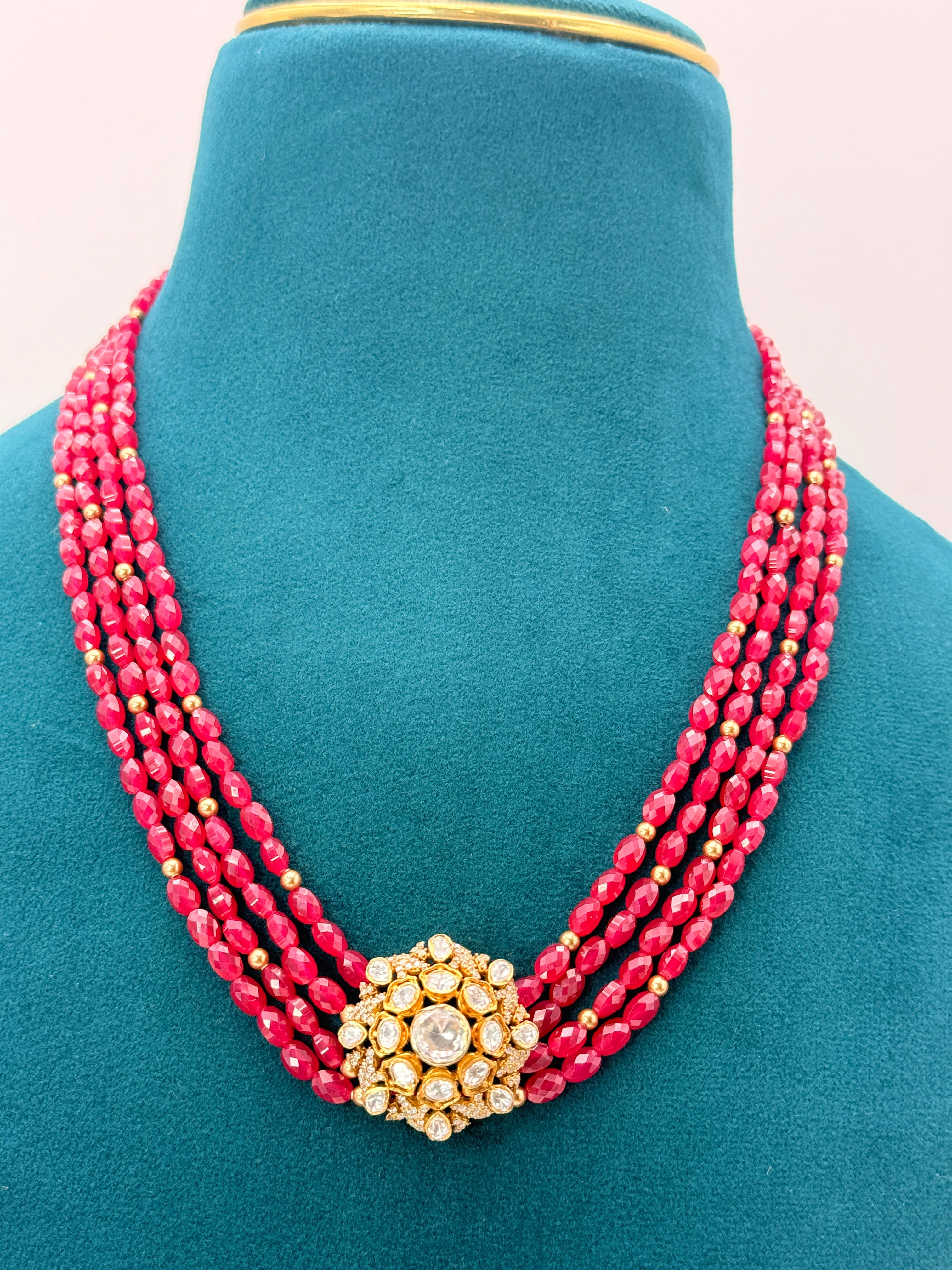Cut Ruby & Golden Swarovski Pearls Pure Silver Customized Necklace 18 inch