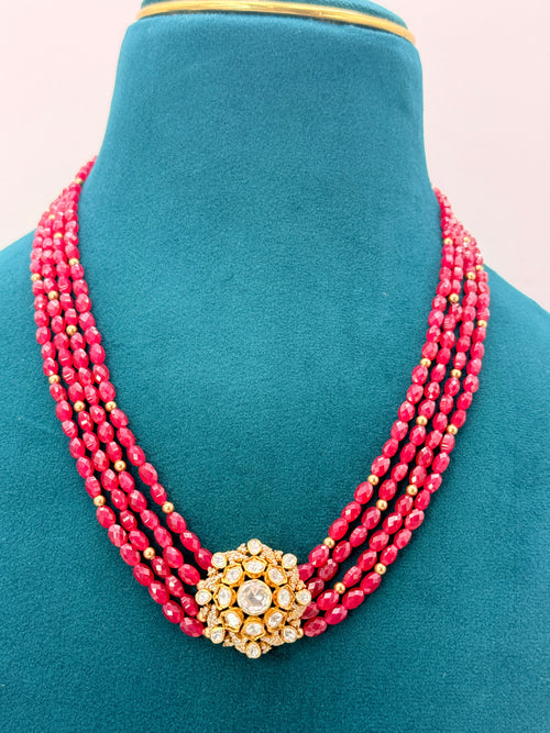 Cut Ruby & Golden Swarovski Pearls Pure Silver Customized Necklace 18 inch
