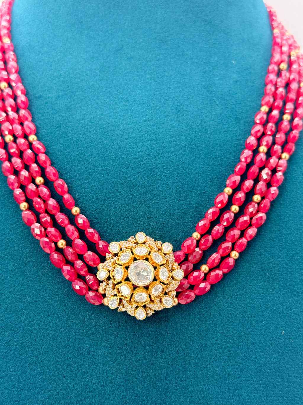 Cut Ruby & Golden Swarovski Pearls Pure Silver Customized Necklace 18 inch