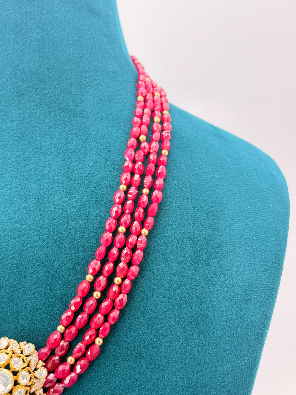 Cut Ruby & Golden Swarovski Pearls Pure Silver Customized Necklace 18 inch