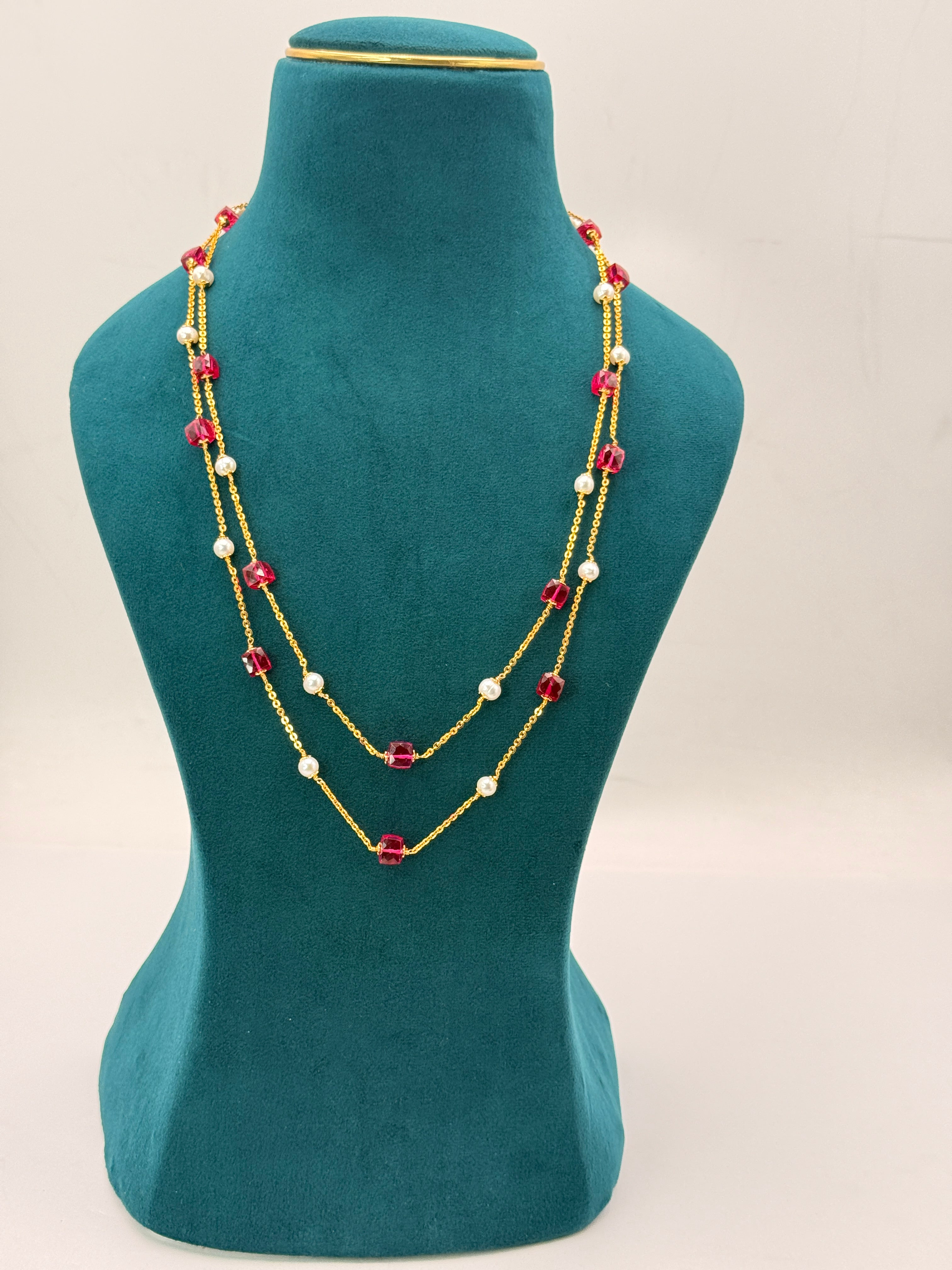Premium Chandraharam Box Pin & Freshwater Pearls 2 Layer Mala | 22 Inch