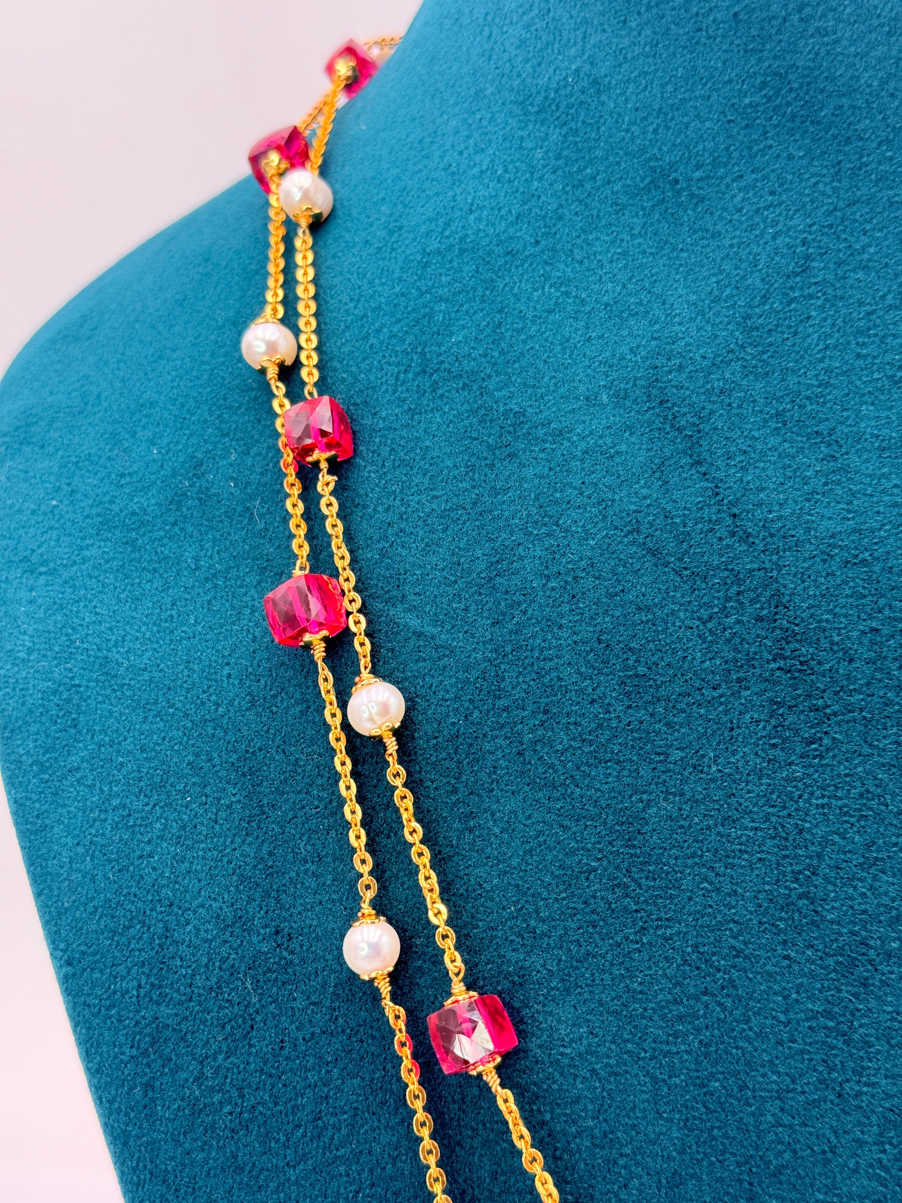 Premium Chandraharam Box Pin & Freshwater Pearls 2 Layer Mala | 22 Inch