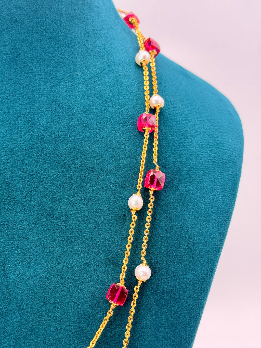 Premium Chandraharam Box Pin & Freshwater Pearls 2 Layer Mala | 22 Inch