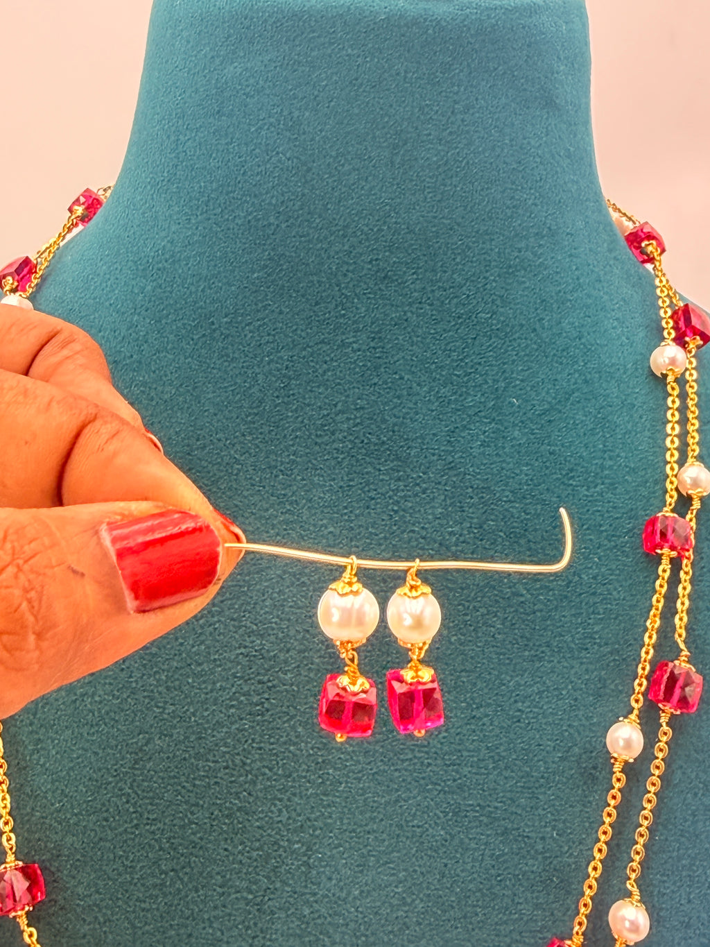 Premium Chandraharam Box Pin & Freshwater Pearls 2 Layer Mala | 22 Inch