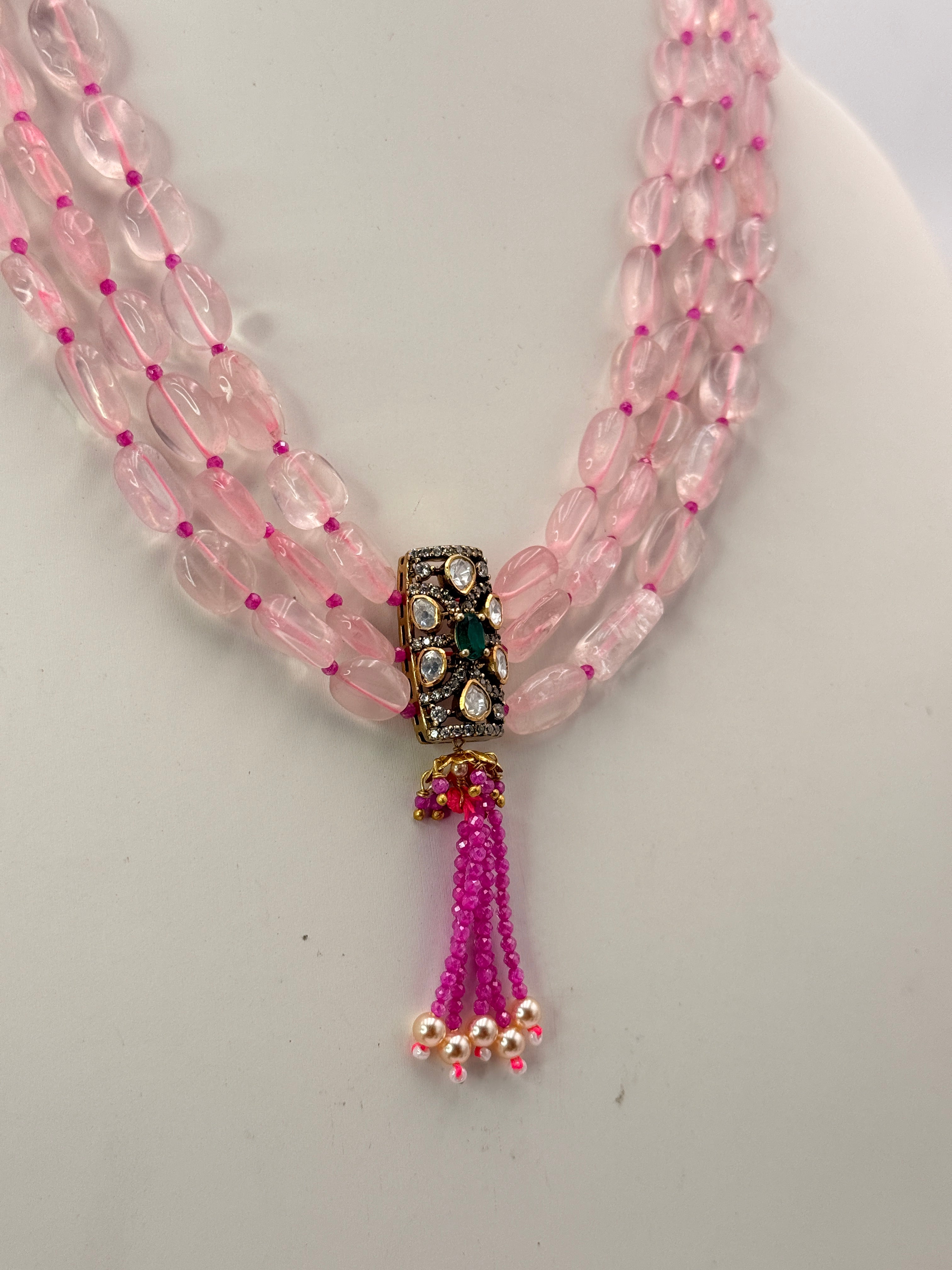 Natural Rose Quartz Necklace with Onion Pink CZ High Crushed Beads & Green Silver Locket | 18 Inch Customized Silver Necklace