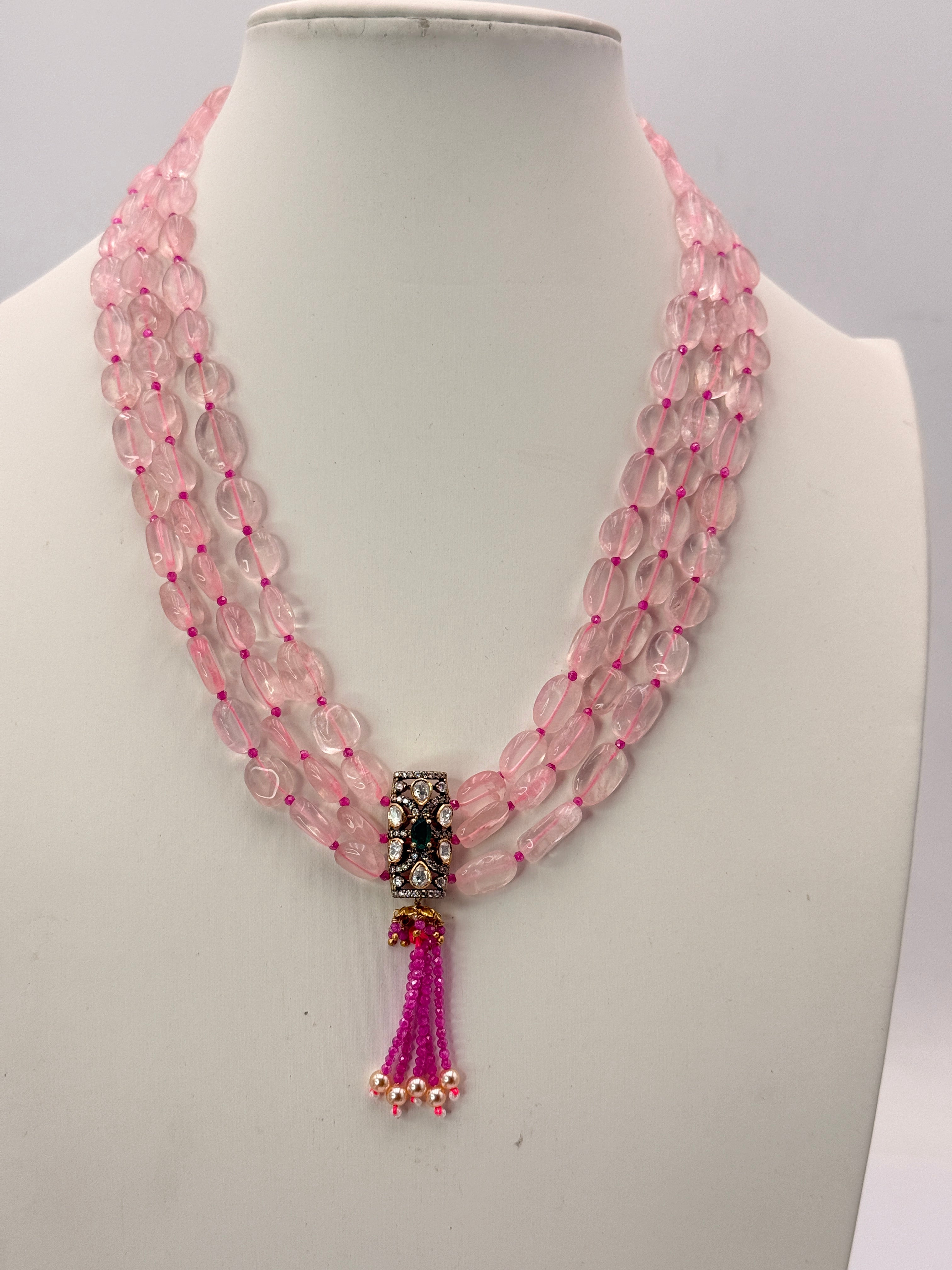 Natural Rose Quartz Necklace with Onion Pink CZ High Crushed Beads & Green Silver Locket | 18 Inch Customized Silver Necklace
