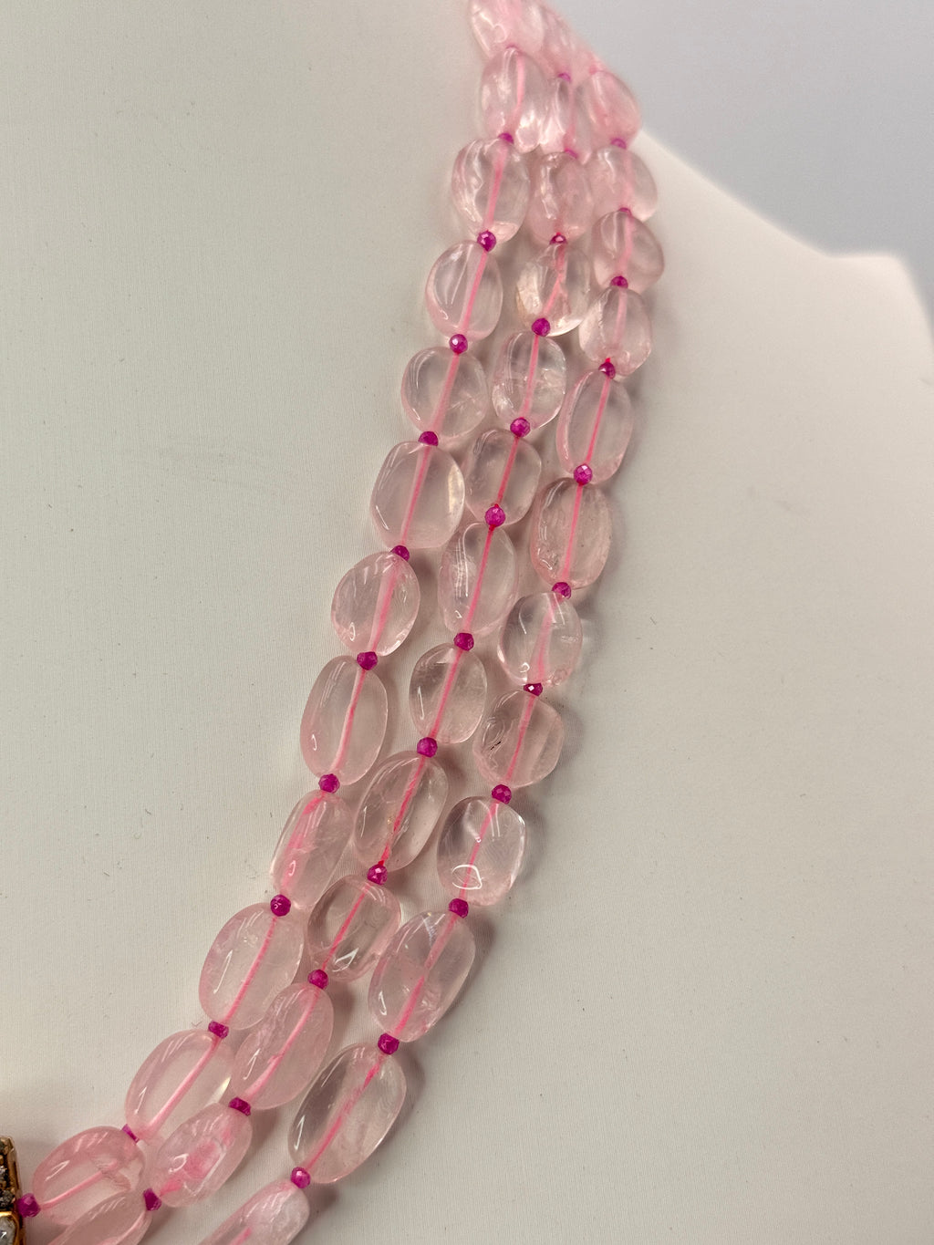 Natural Rose Quartz Necklace with Onion Pink CZ High Crushed Beads & Green Silver Locket | 18 Inch Customized Silver Necklace