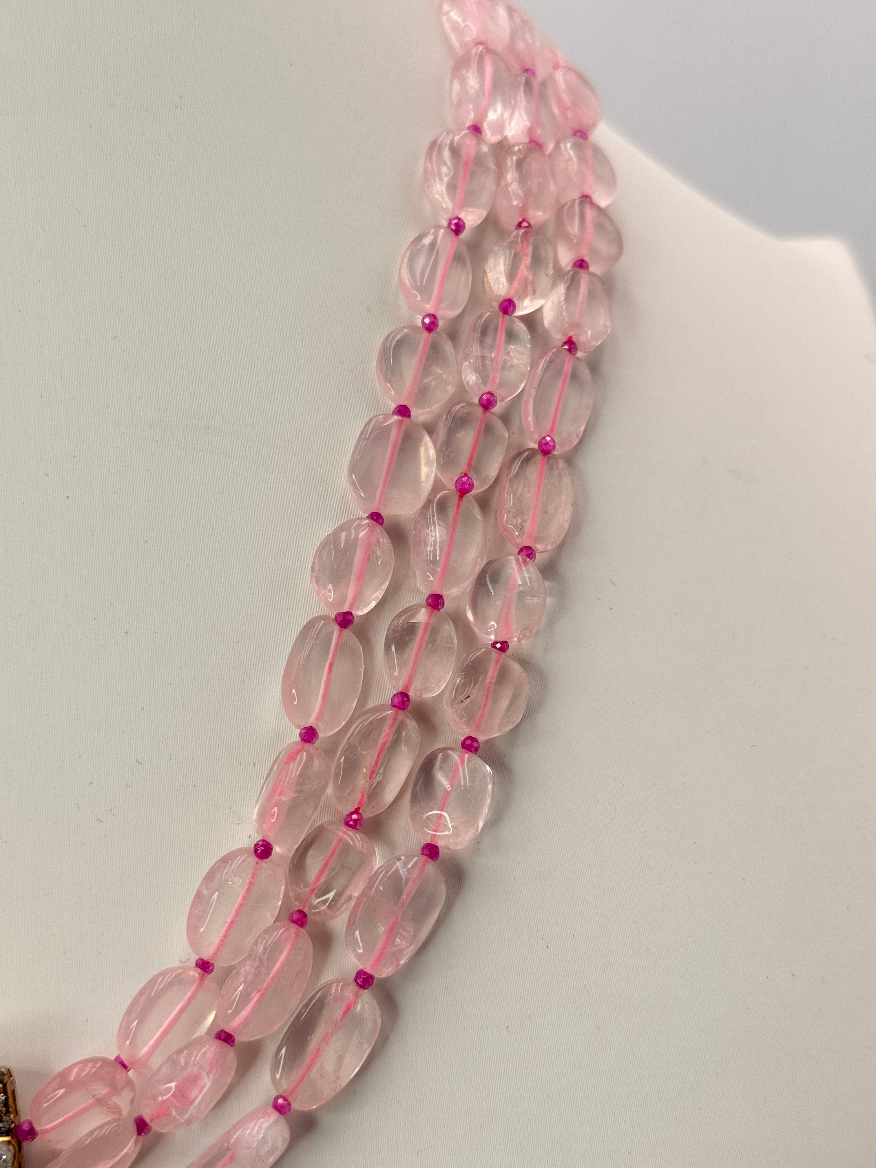 Natural Rose Quartz Necklace with Onion Pink CZ High Crushed Beads & Green Silver Locket | 18 Inch Customized Silver Necklace