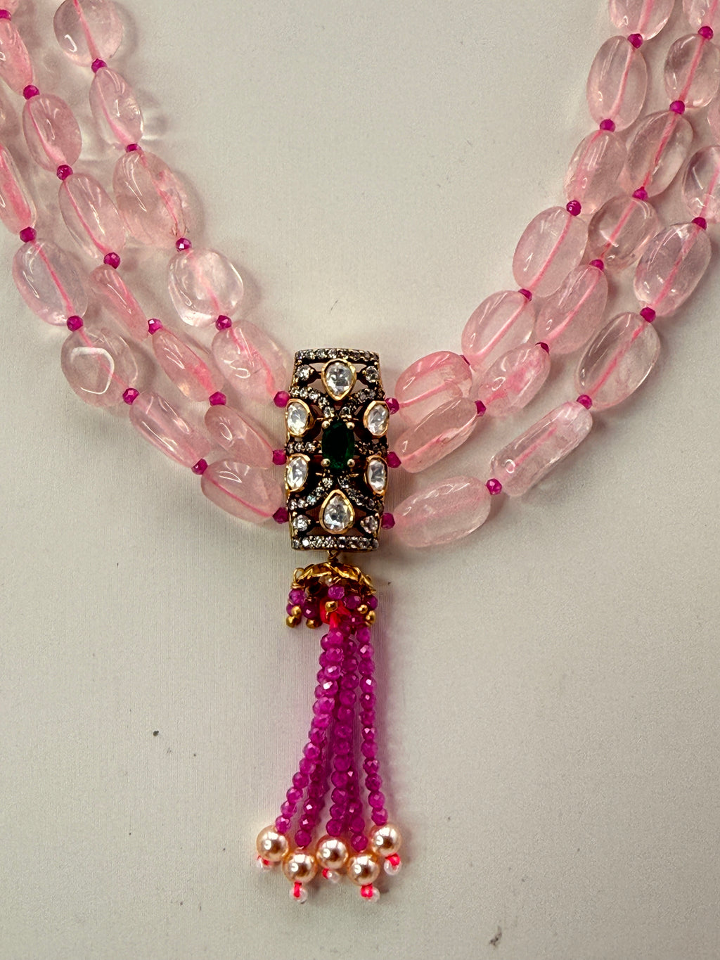 Natural Rose Quartz Necklace with Onion Pink CZ High Crushed Beads & Green Silver Locket | 18 Inch Customized Silver Necklace