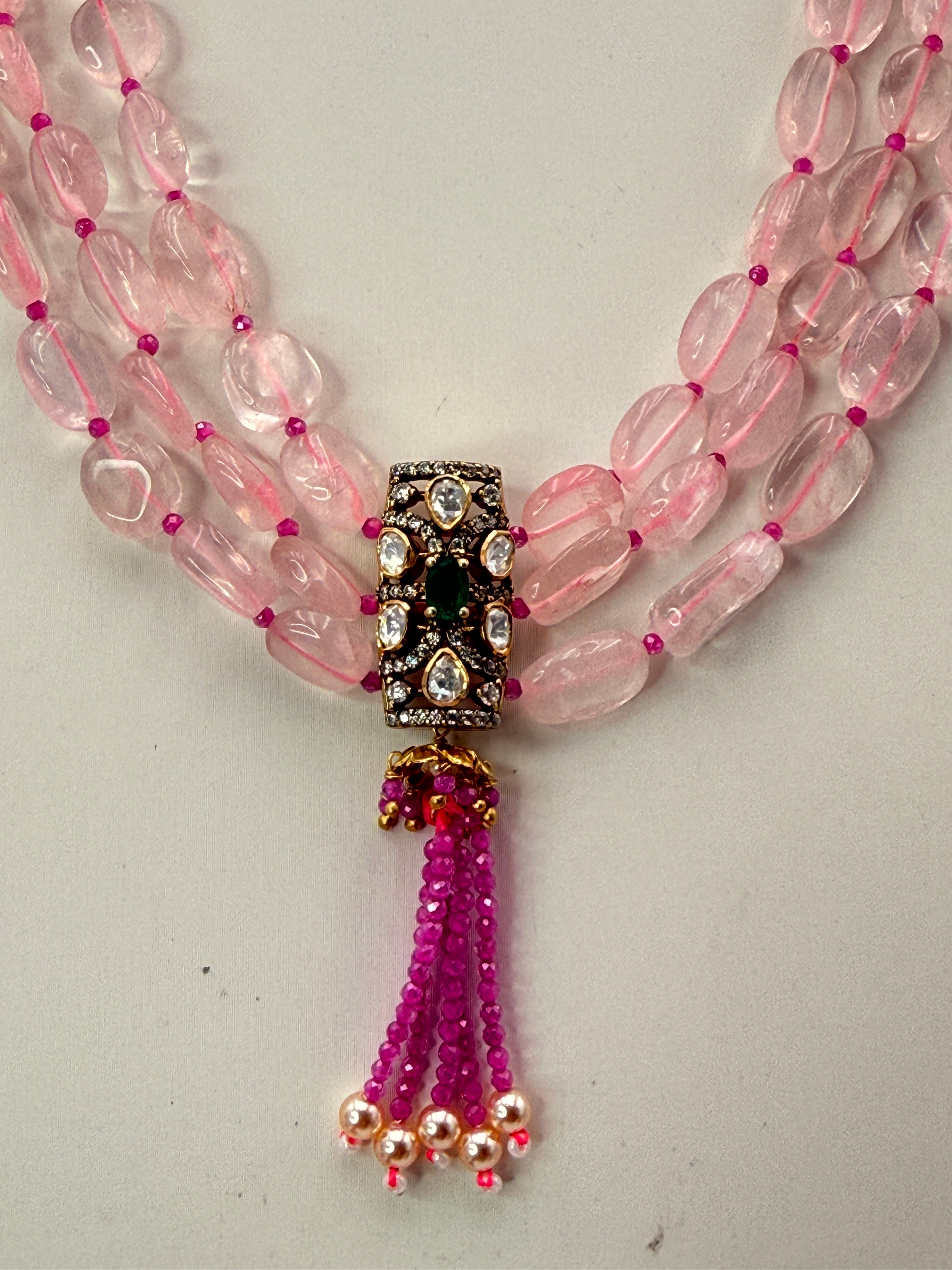 Natural Rose Quartz Necklace with Onion Pink CZ High Crushed Beads & Green Silver Locket | 18 Inch Customized Silver Necklace