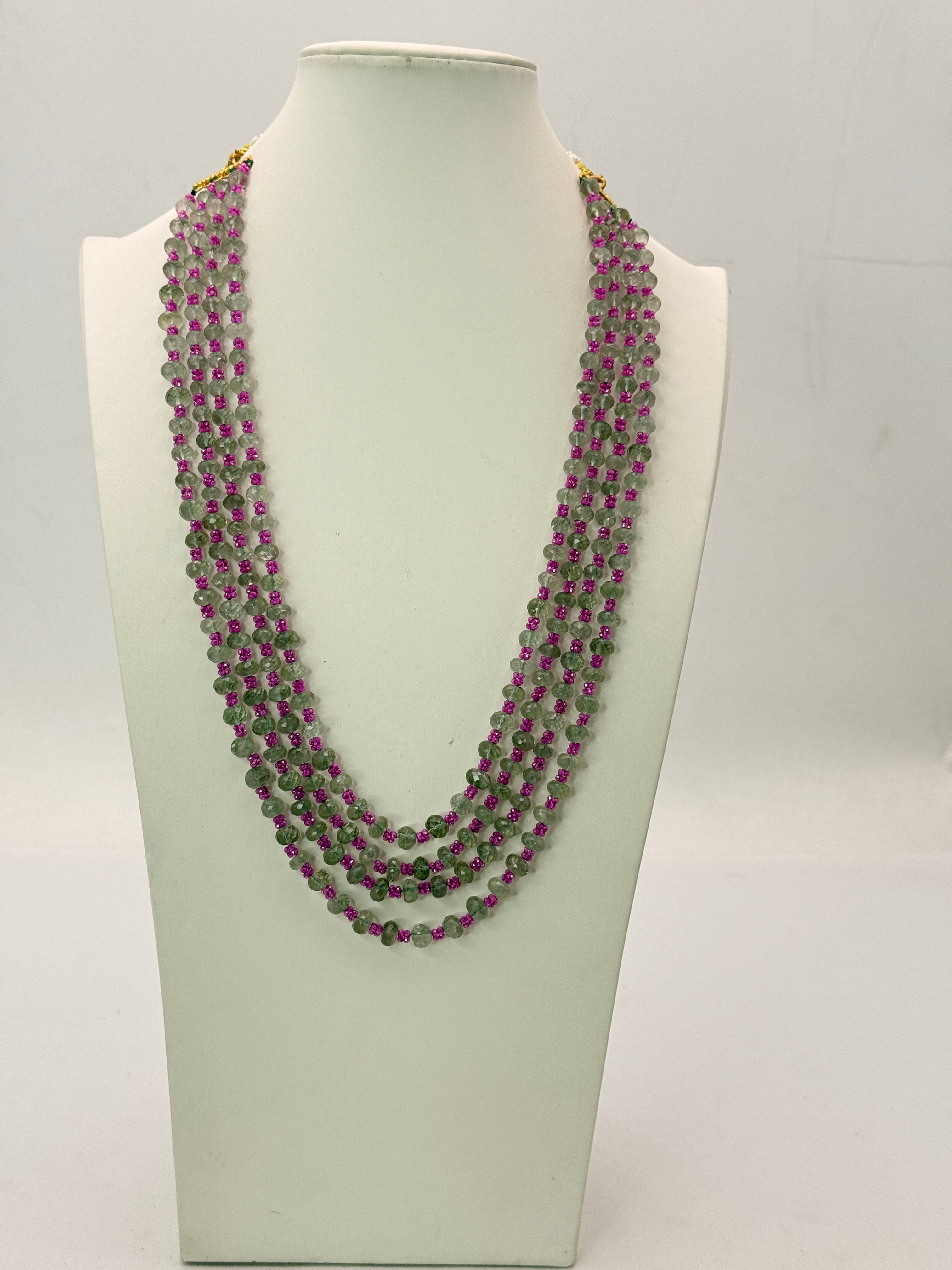 Natural Alexander Cut Emerald Necklace with Silver Connectors & 2 mm Pink CZ Crush Beads | 22 Inches