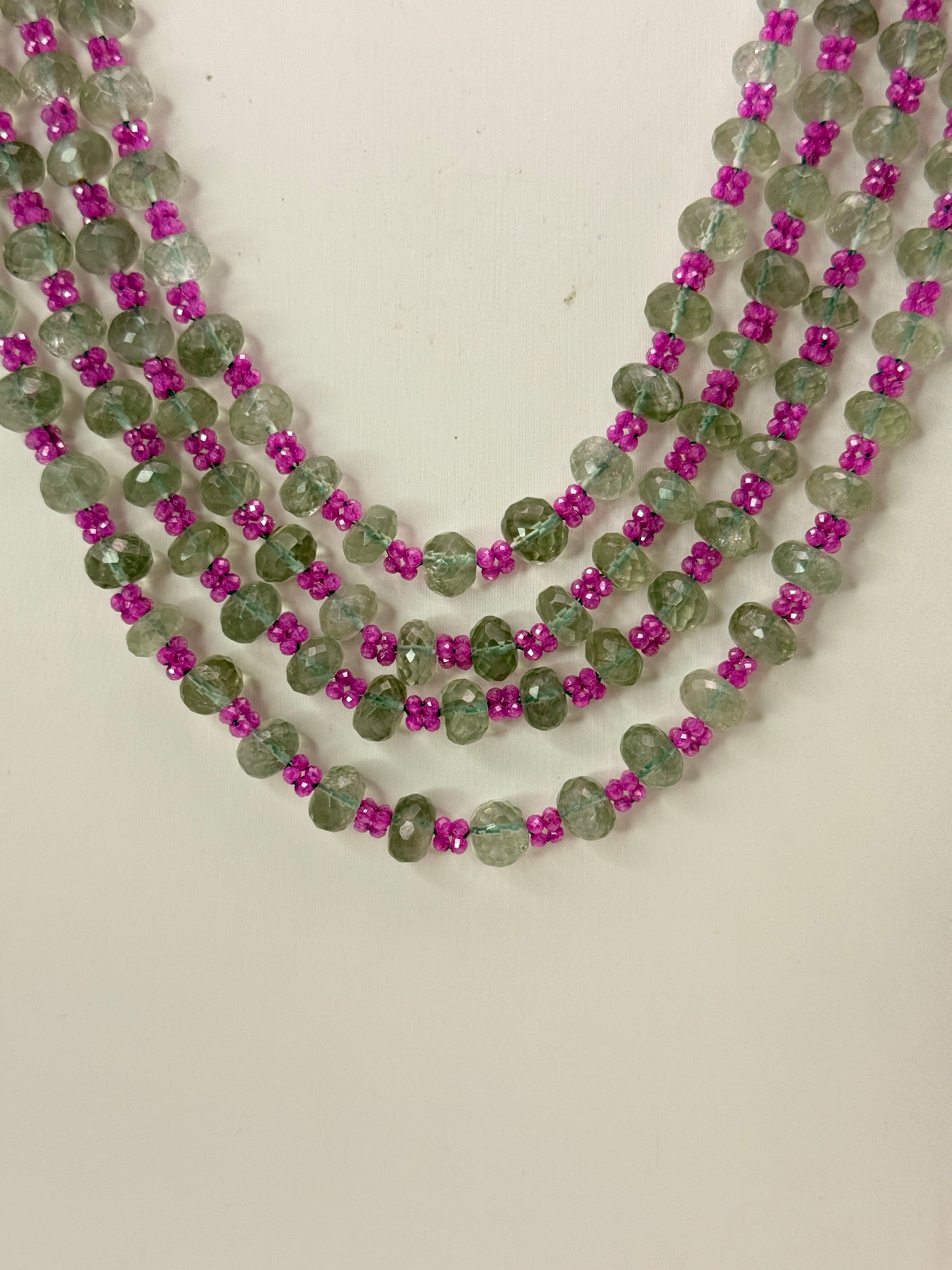 Natural Alexander Cut Emerald Necklace with Silver Connectors & 2 mm Pink CZ Crush Beads | 22 Inches