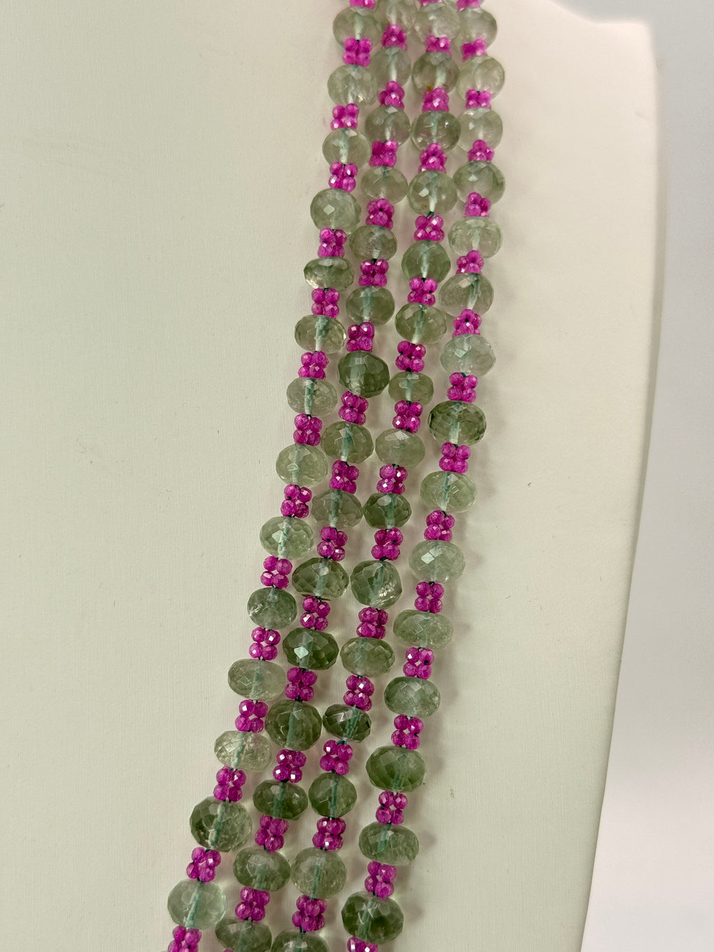 Natural Alexander Cut Emerald Necklace with Silver Connectors & 2 mm Pink CZ Crush Beads | 22 Inches