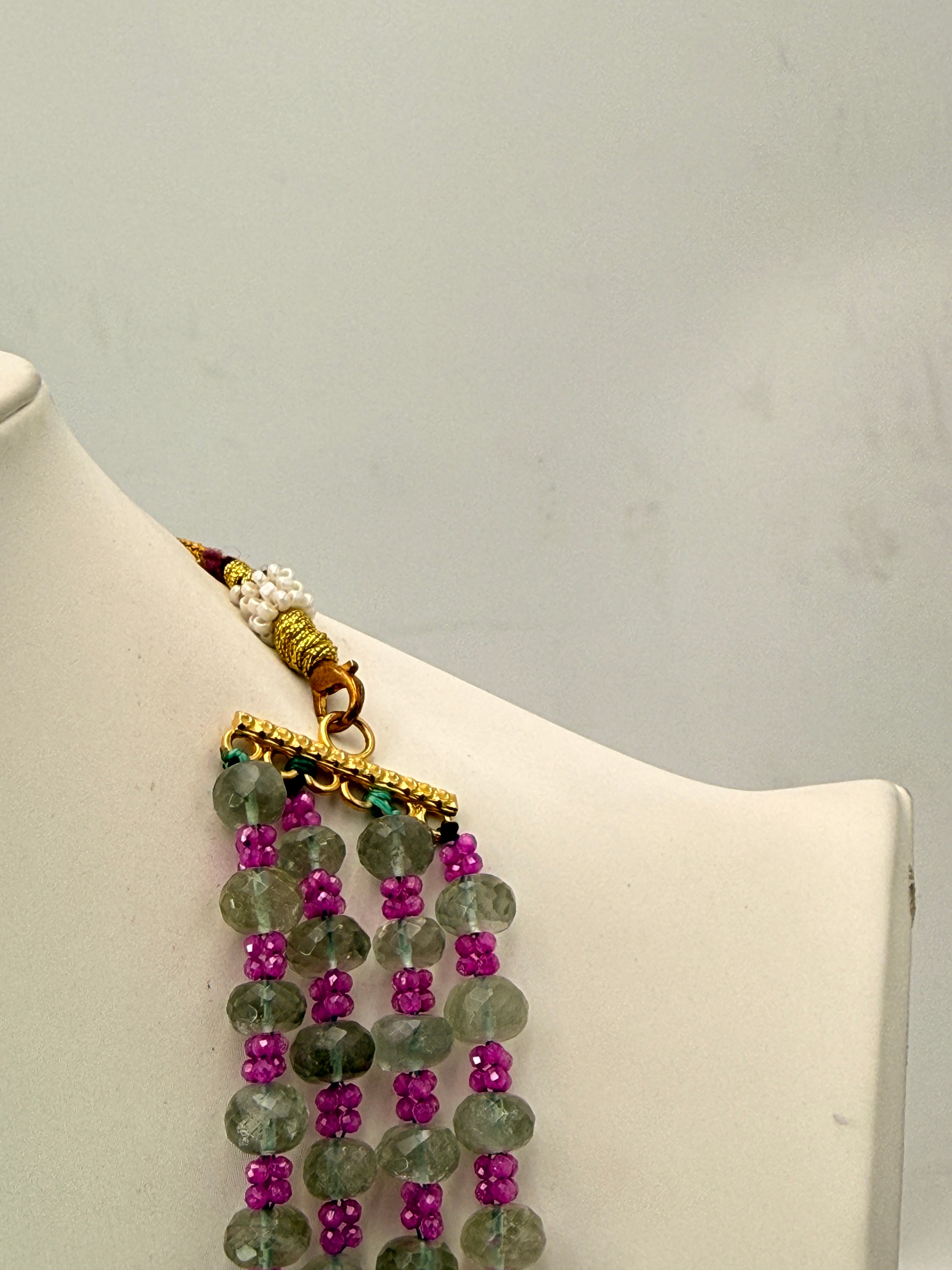 Natural Alexander Cut Emerald Necklace with Silver Connectors & 2 mm Pink CZ Crush Beads | 22 Inches