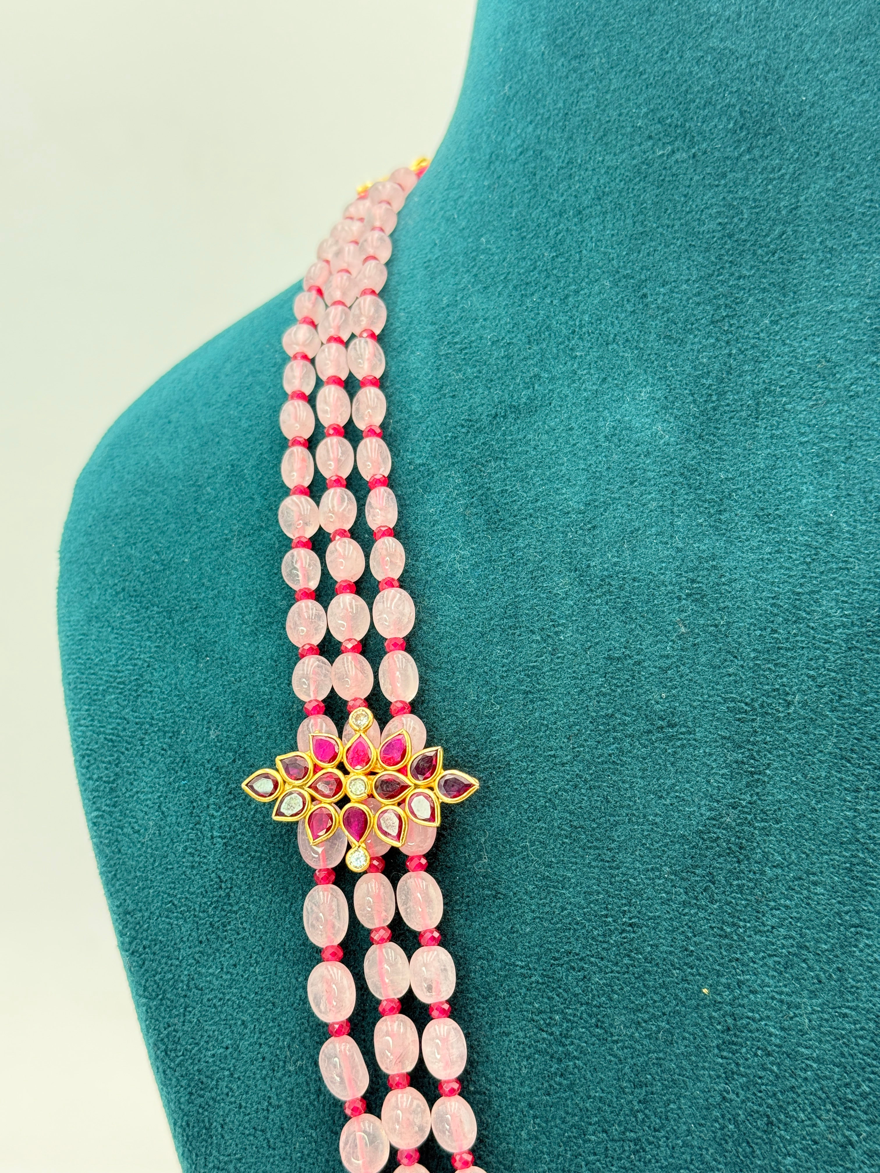 Natural Rose Quartz Water Luster Necklace with 3mm Faceted Chetan Rubies, Kempu Stone Silver Locket & Backset Silver Connectors | 22 Inches | 25 Sets