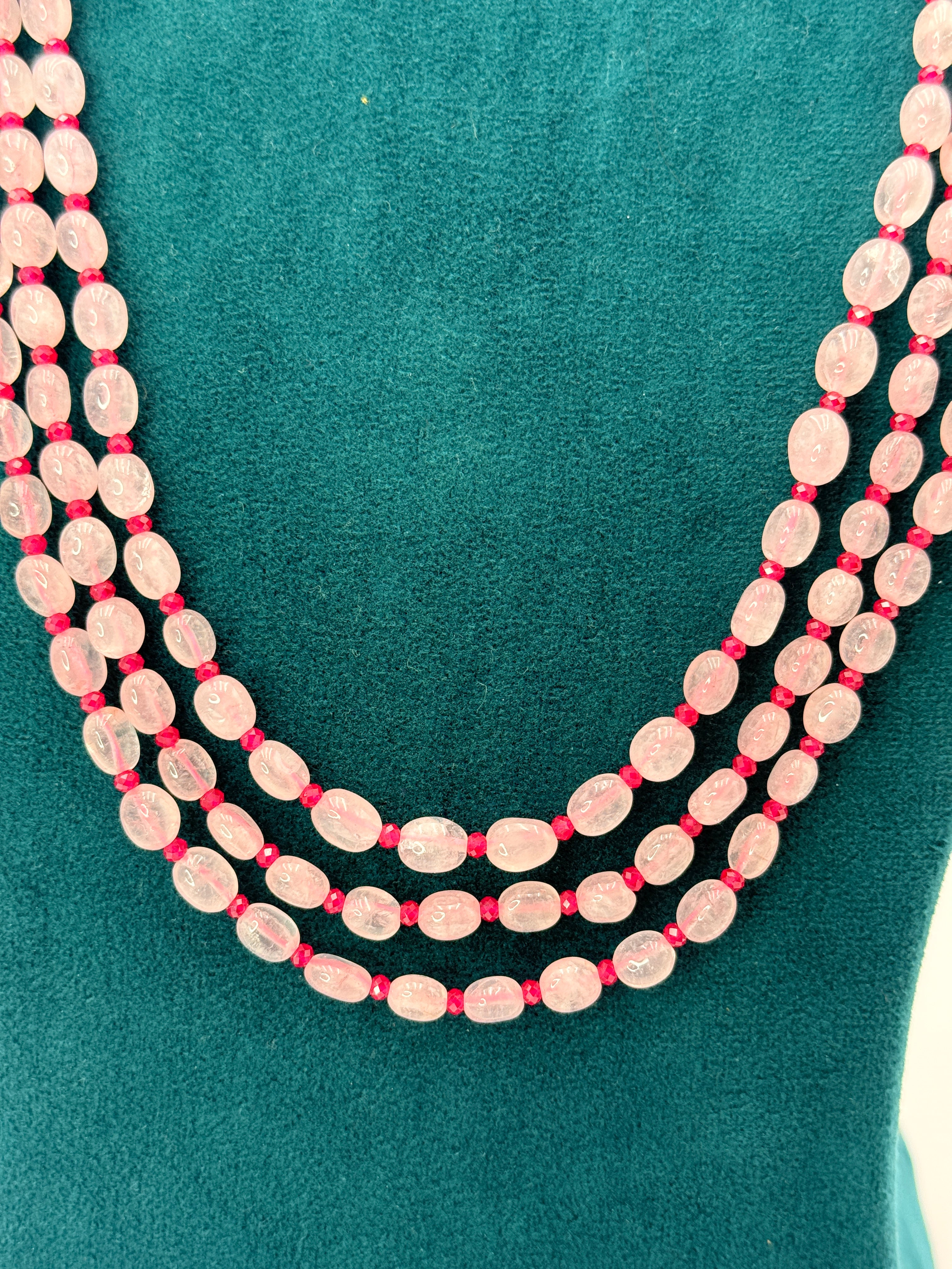 Natural Rose Quartz Water Luster Necklace with 3mm Faceted Chetan Rubies, Kempu Stone Silver Locket & Backset Silver Connectors | 22 Inches | 25 Sets