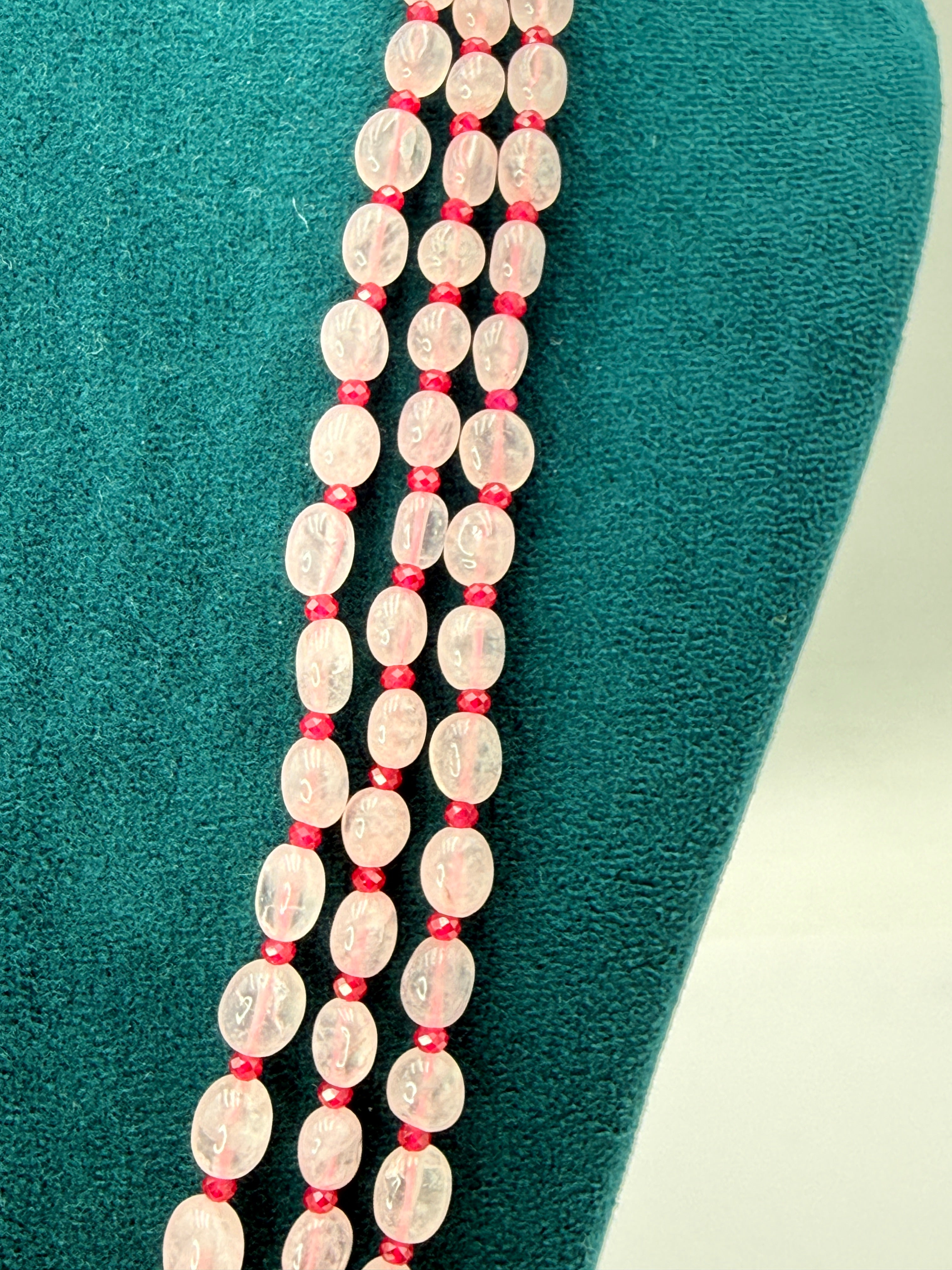 Natural Rose Quartz Water Luster Necklace with 3mm Faceted Chetan Rubies, Kempu Stone Silver Locket & Backset Silver Connectors | 22 Inches | 25 Sets