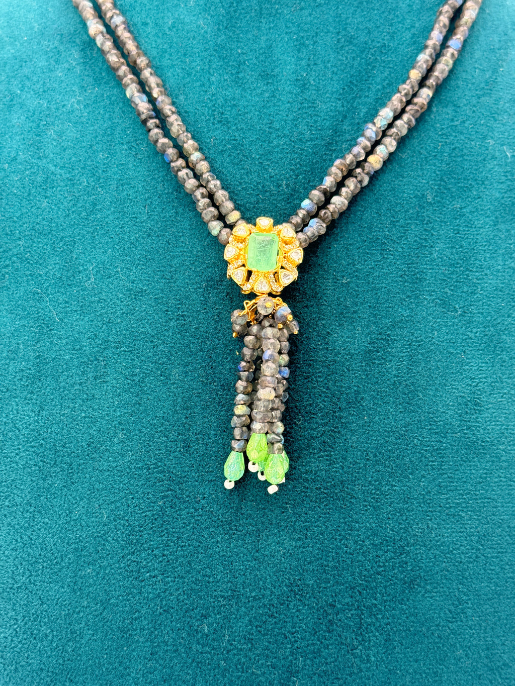 Natural Labradorite Beads Necklace with Moissanite Stone Locket | 16-Inch Handmade Necklace
