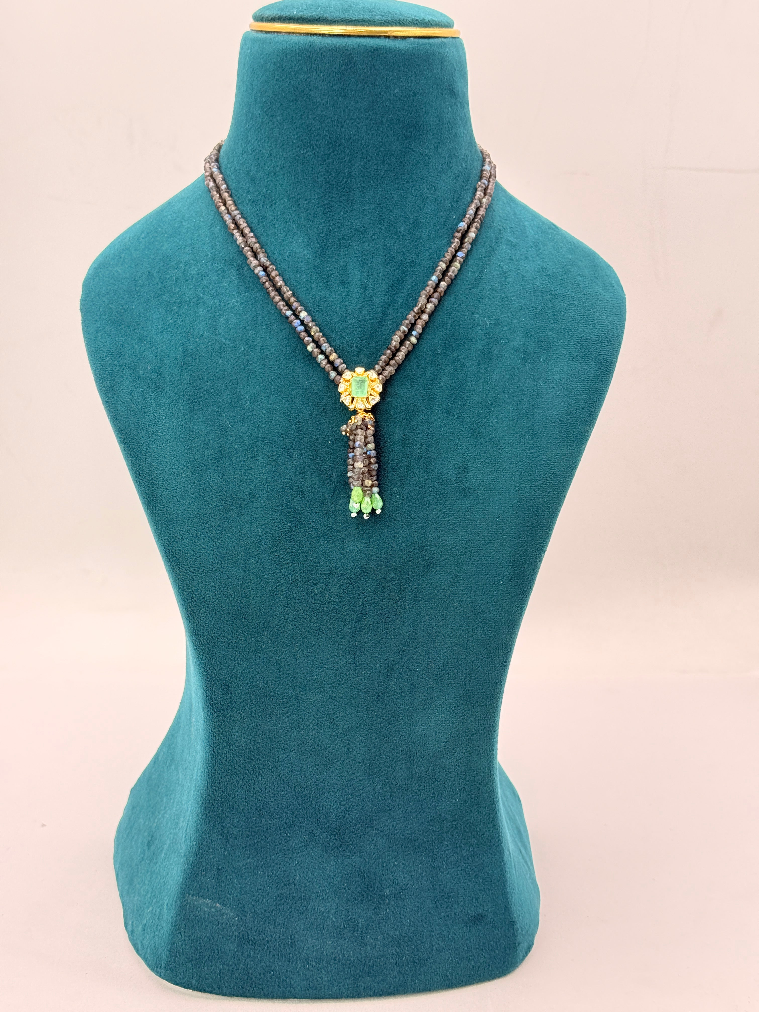 Natural Labradorite Beads Necklace with Moissanite Stone Locket | 16-Inch Handmade Necklace