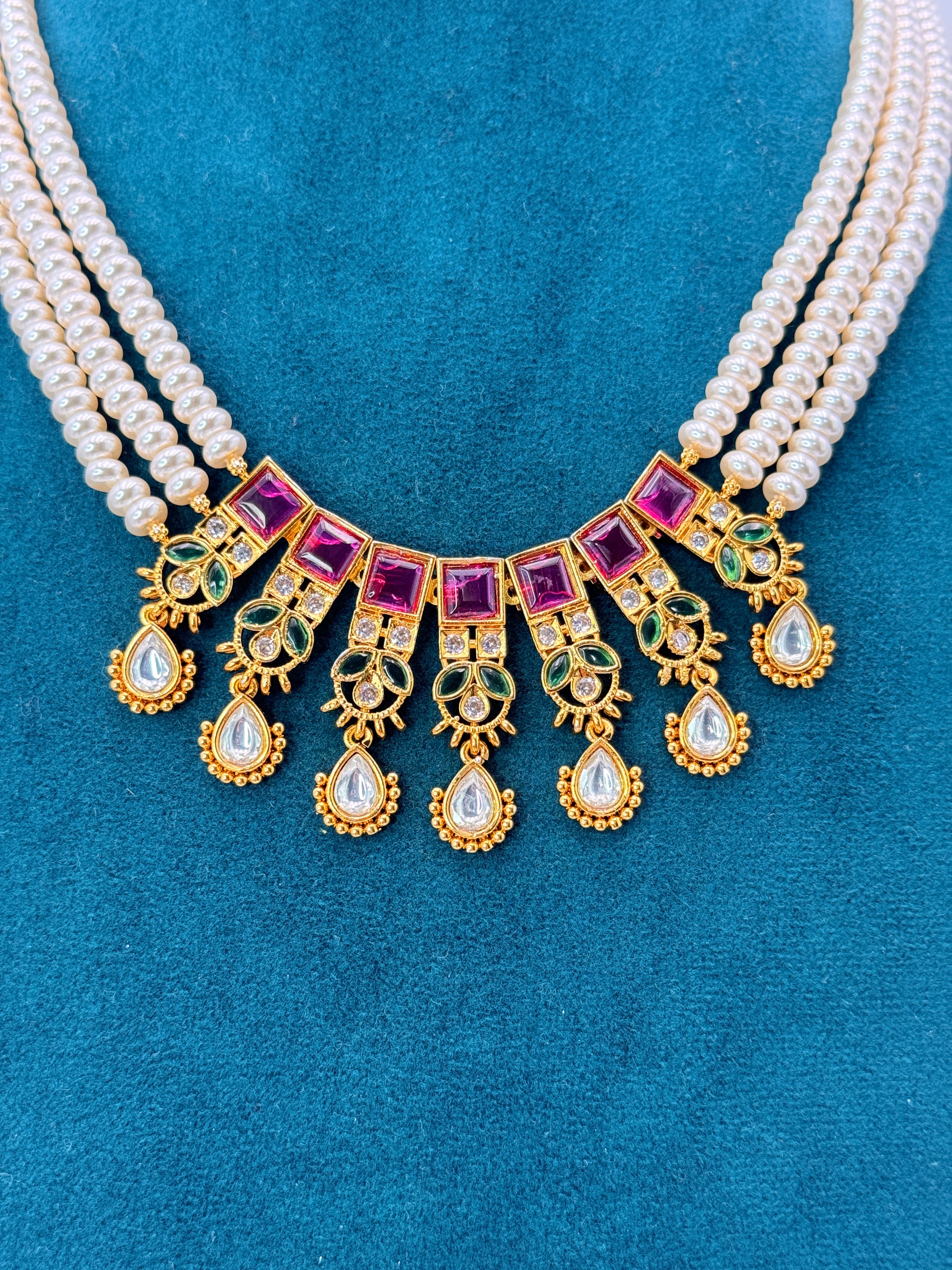 Premium One Gram Gold Locket Necklace with Original Button Pearls | 16-Inch Customized Neck Set with Earrings
