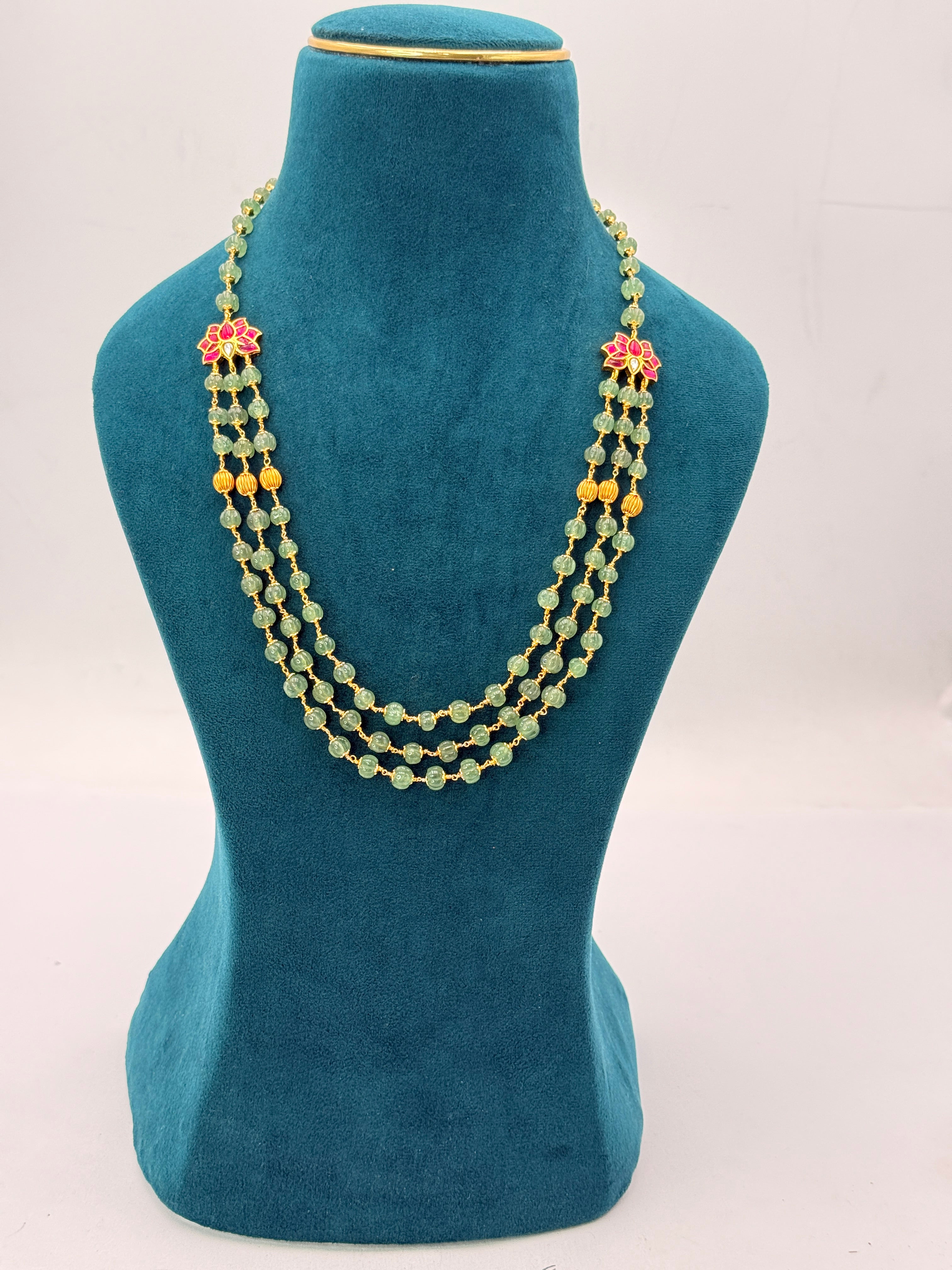African Strawberry Pumpkin Beads Necklace with Jadau Butterfly Side Locket | 21-Inch Handmade Necklace