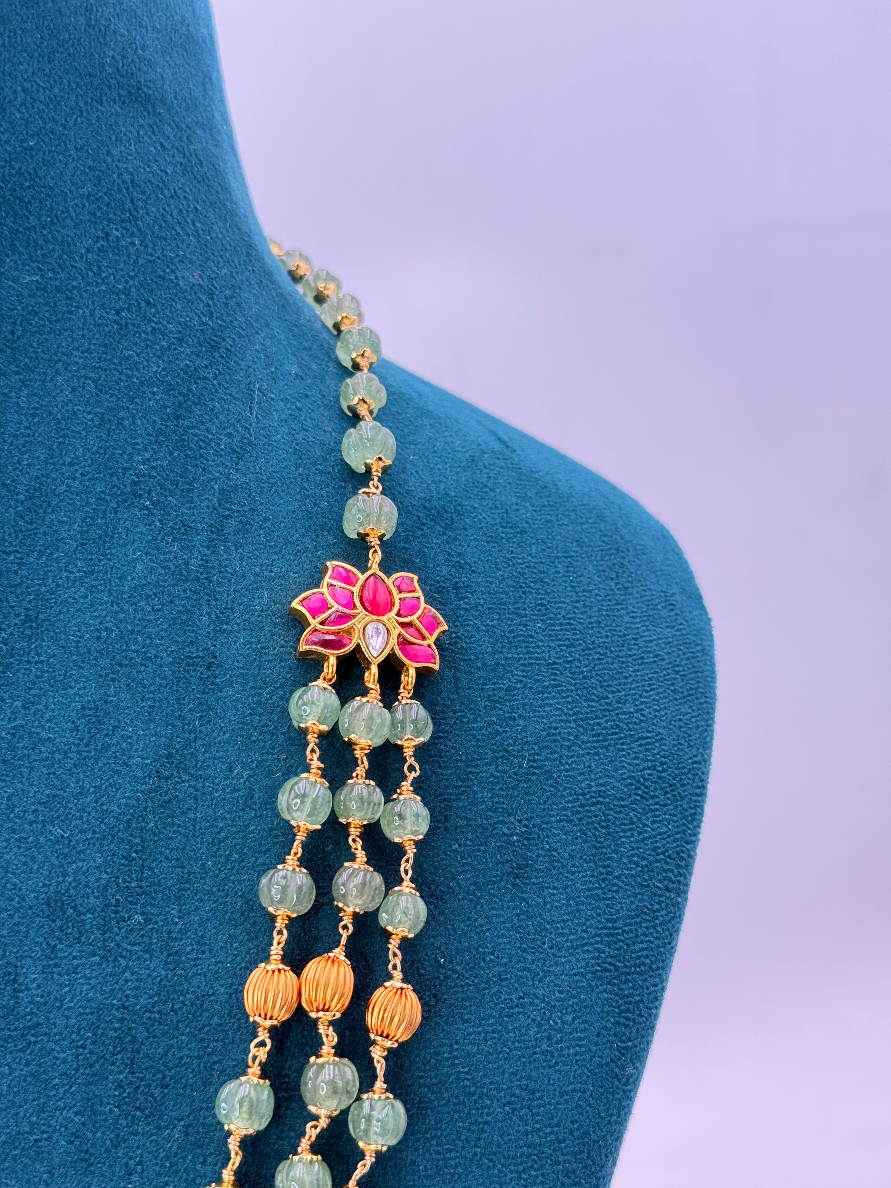 African Strawberry Pumpkin Beads Necklace with Jadau Butterfly Side Locket | 21-Inch Handmade Necklace