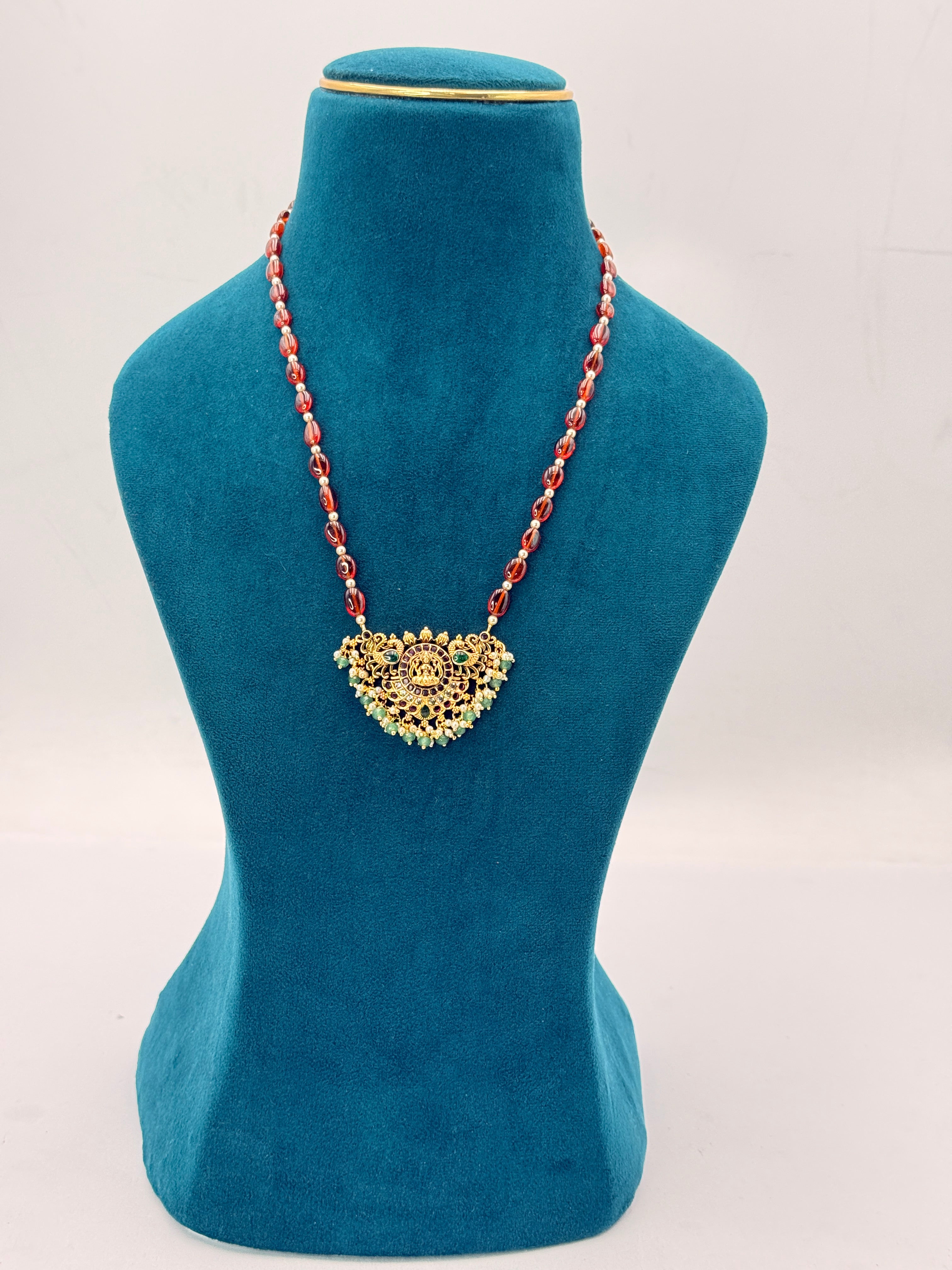 Natural Gomedhikam Beads Necklace with One Gram Gold Ammavari Locket| 16-Inch