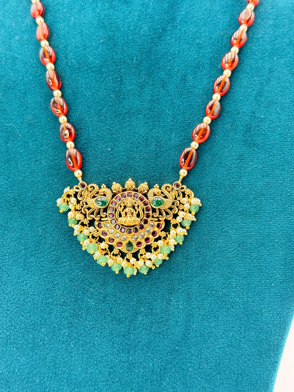Natural Gomedhikam Beads Necklace with One Gram Gold Ammavari Locket| 16-Inch