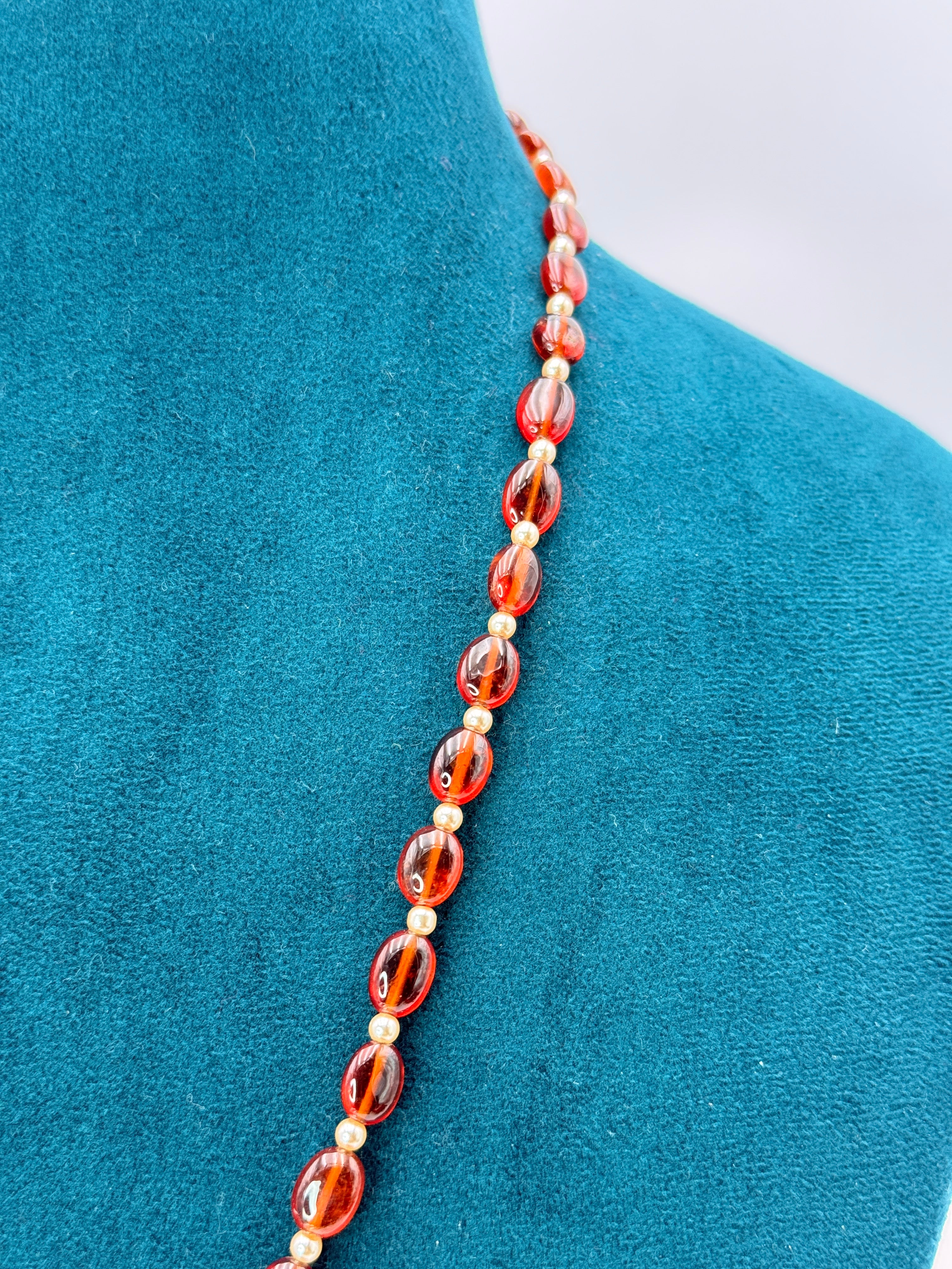 Natural Gomedhikam Beads Necklace with One Gram Gold Ammavari Locket| 16-Inch