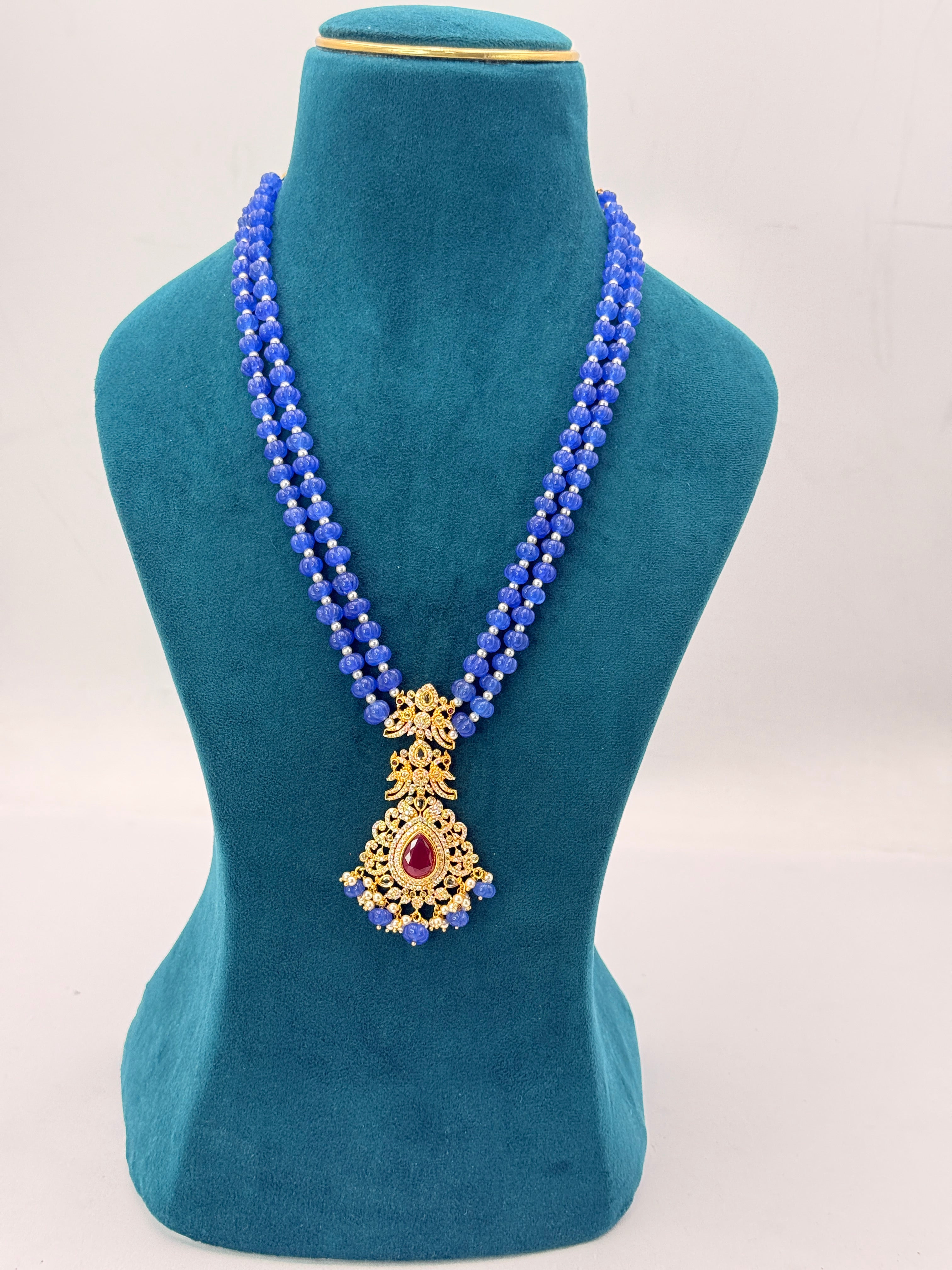 One Gram Gold Locket with Mona Lisa Blue Pumpkin Beads Necklace | 22-Inch Handmade Necklace