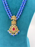 One Gram Gold Locket with Mona Lisa Blue Pumpkin Beads Necklace | 22-Inch Handmade Necklace