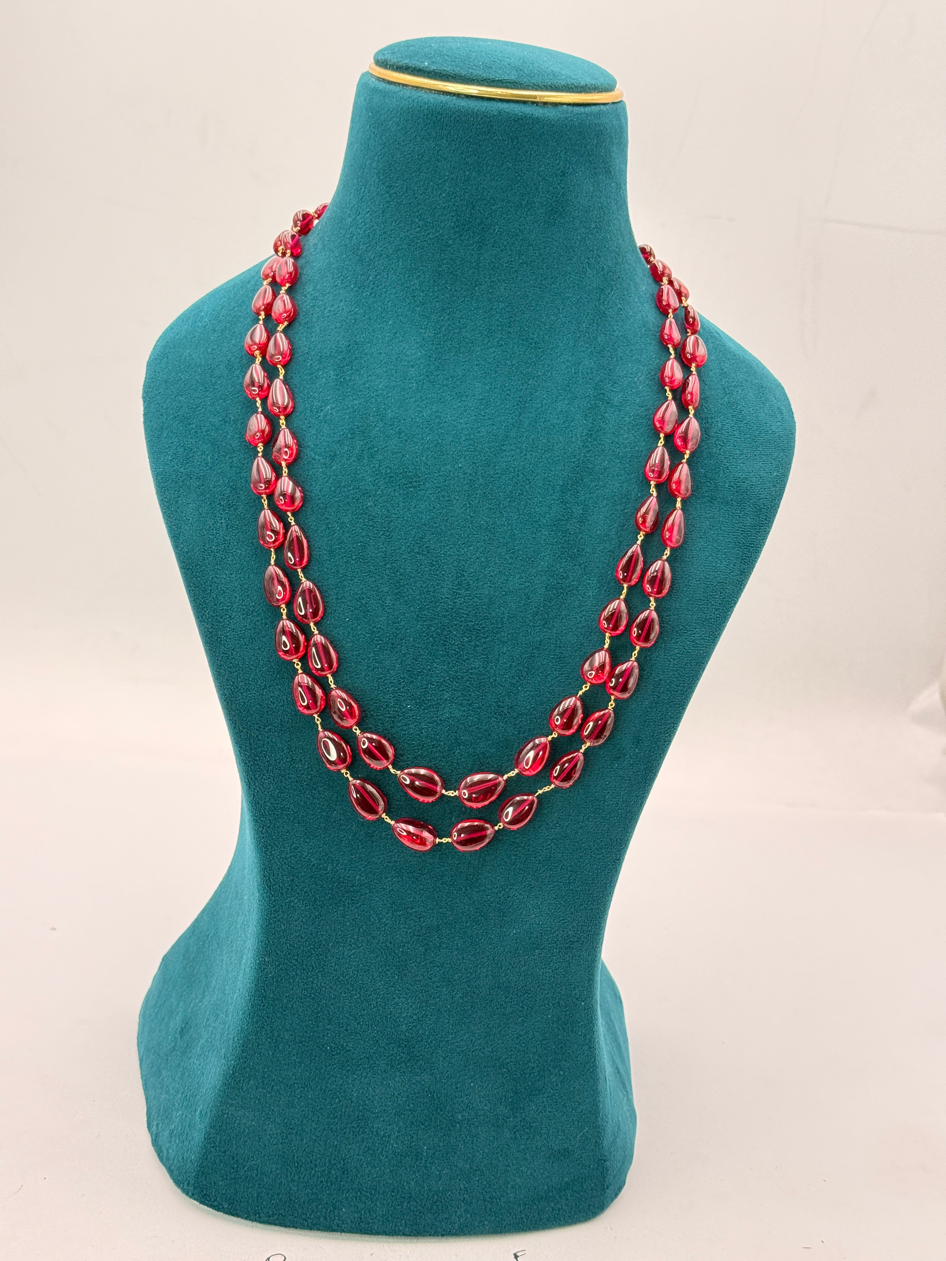 Natural Badam Shape Rubies Necklace with 92.5 Silver Connectors & Silver Kattu Teega | 21-Inch Handmade Necklace