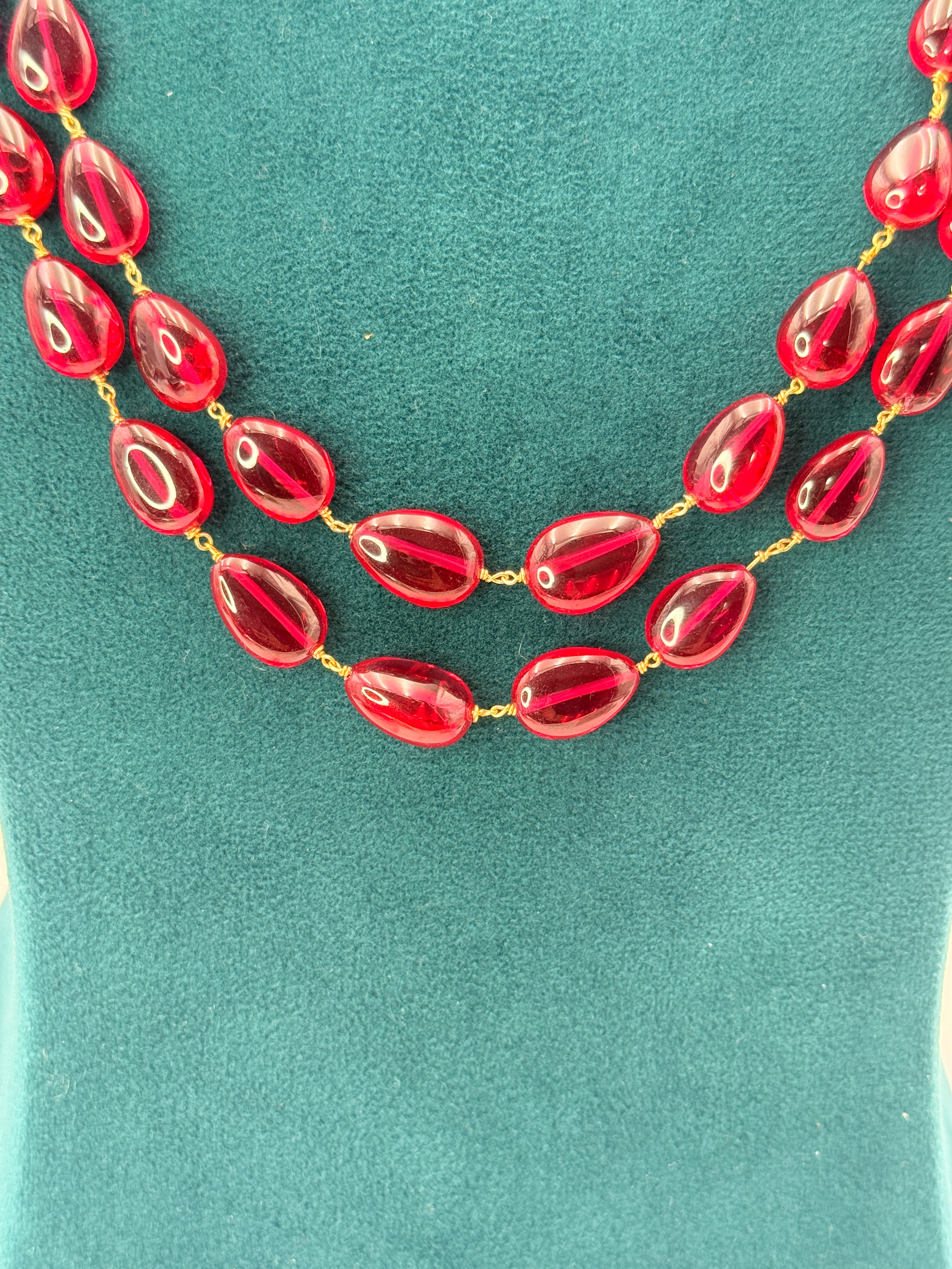 Natural Badam Shape Rubies Necklace with 92.5 Silver Connectors & Silver Kattu Teega | 21-Inch Handmade Necklace
