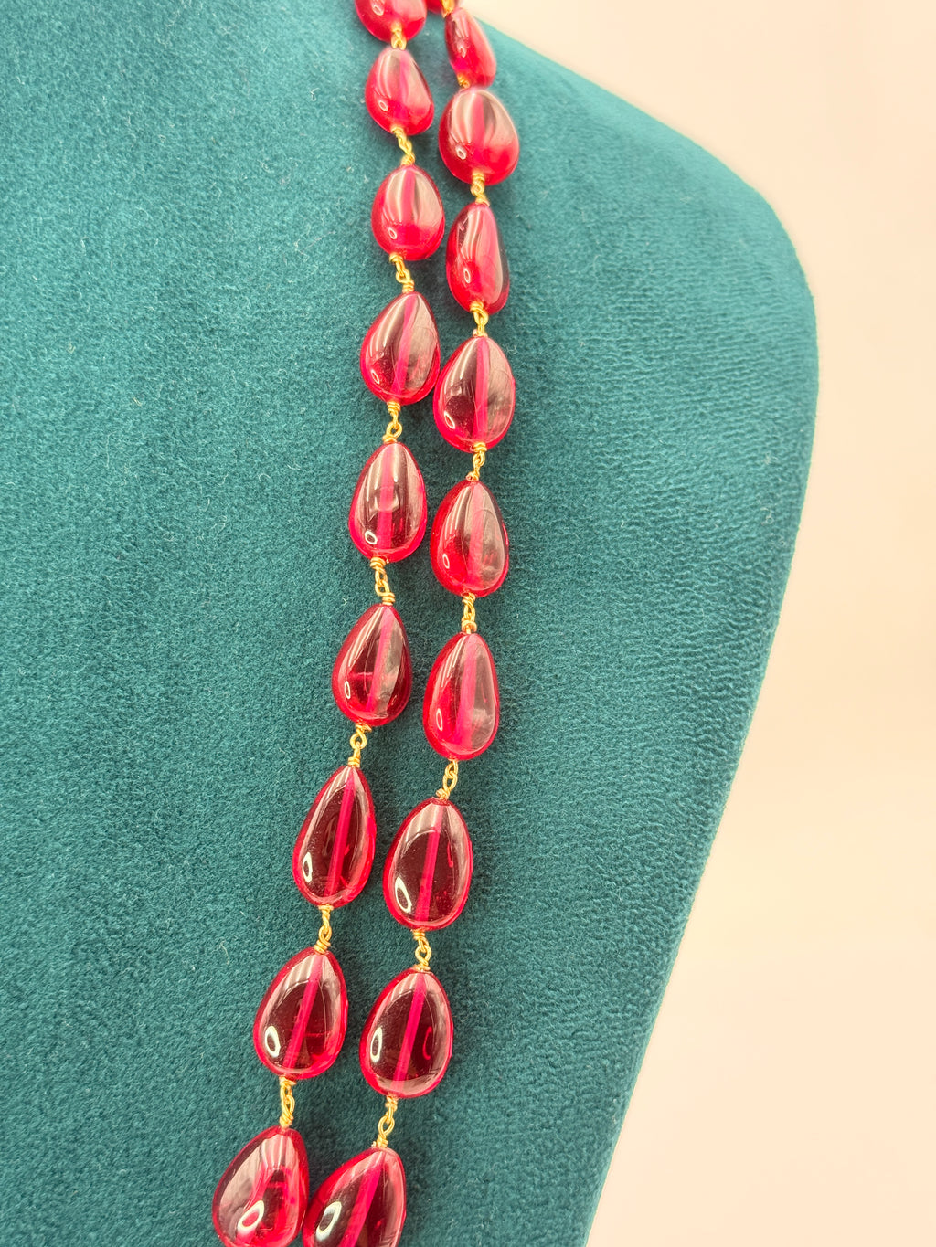 Natural Badam Shape Rubies Necklace with 92.5 Silver Connectors & Silver Kattu Teega | 21-Inch Handmade Necklace